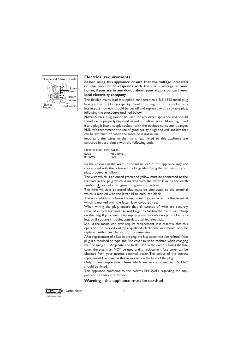Electrical requirements, Warning - this appliance must be earthed | DeLonghi EC710 User Manual | Page 14 / 15