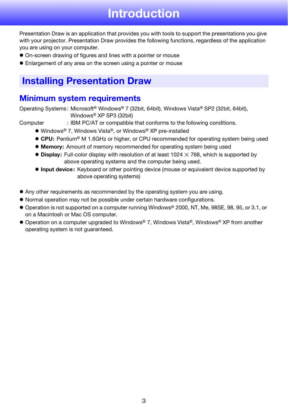 Introduction, Installing presentation draw, Minimum system requirements | Casio Presentation Draw User Manual | Page 3 / 12