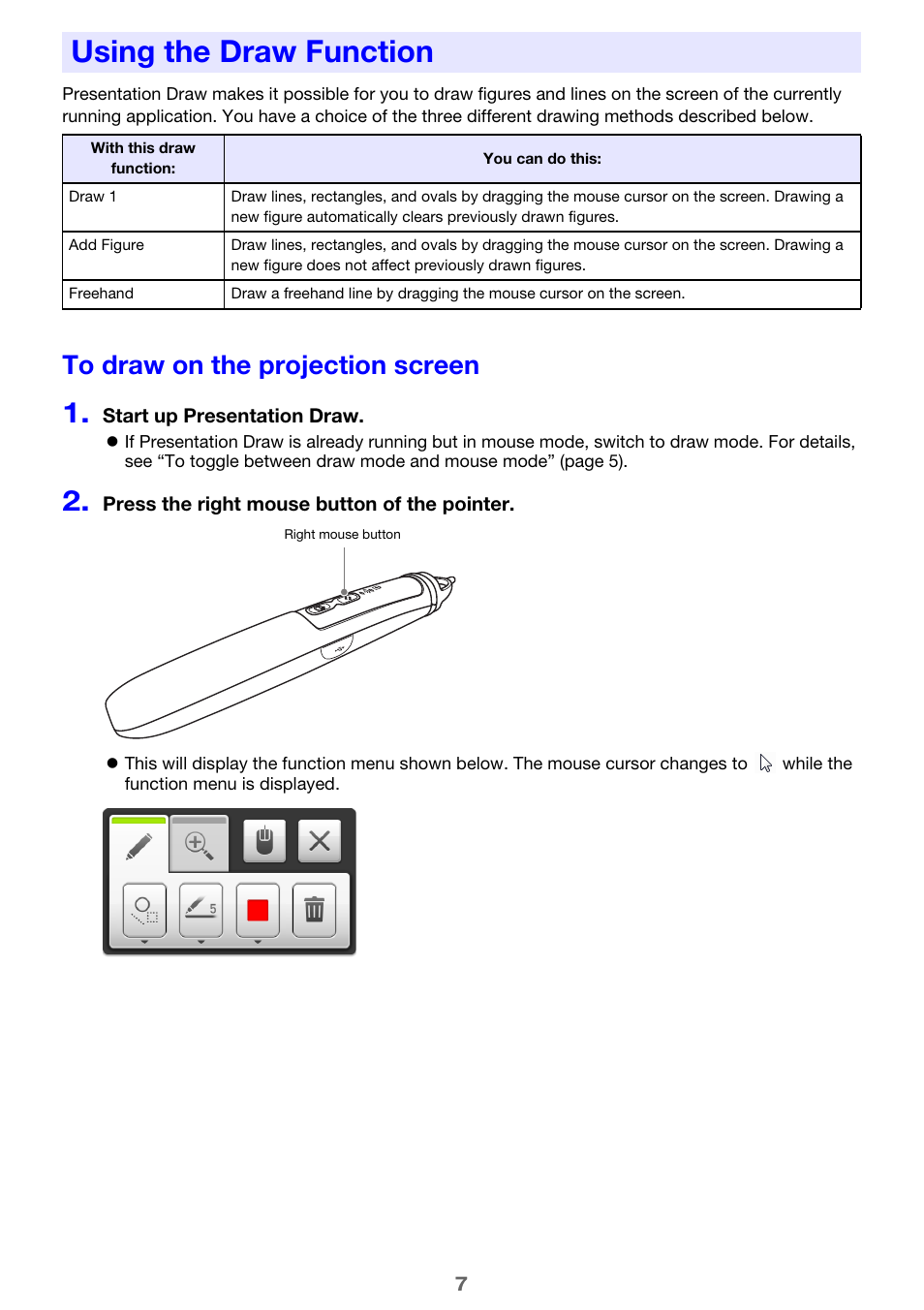 Using the draw function, To draw on the projection screen | Casio Presentation Draw User Manual | Page 7 / 12