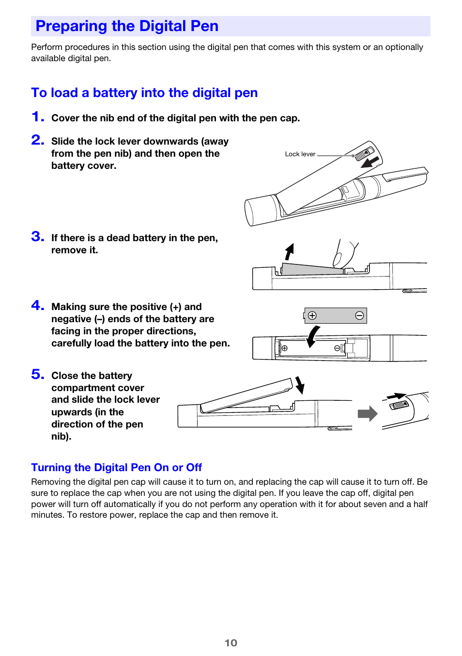 Preparing the digital pen, To load a battery into the digital pen, Turning the digital pen on or off | Casio YA-W72M User Guide User Manual | Page 10 / 89