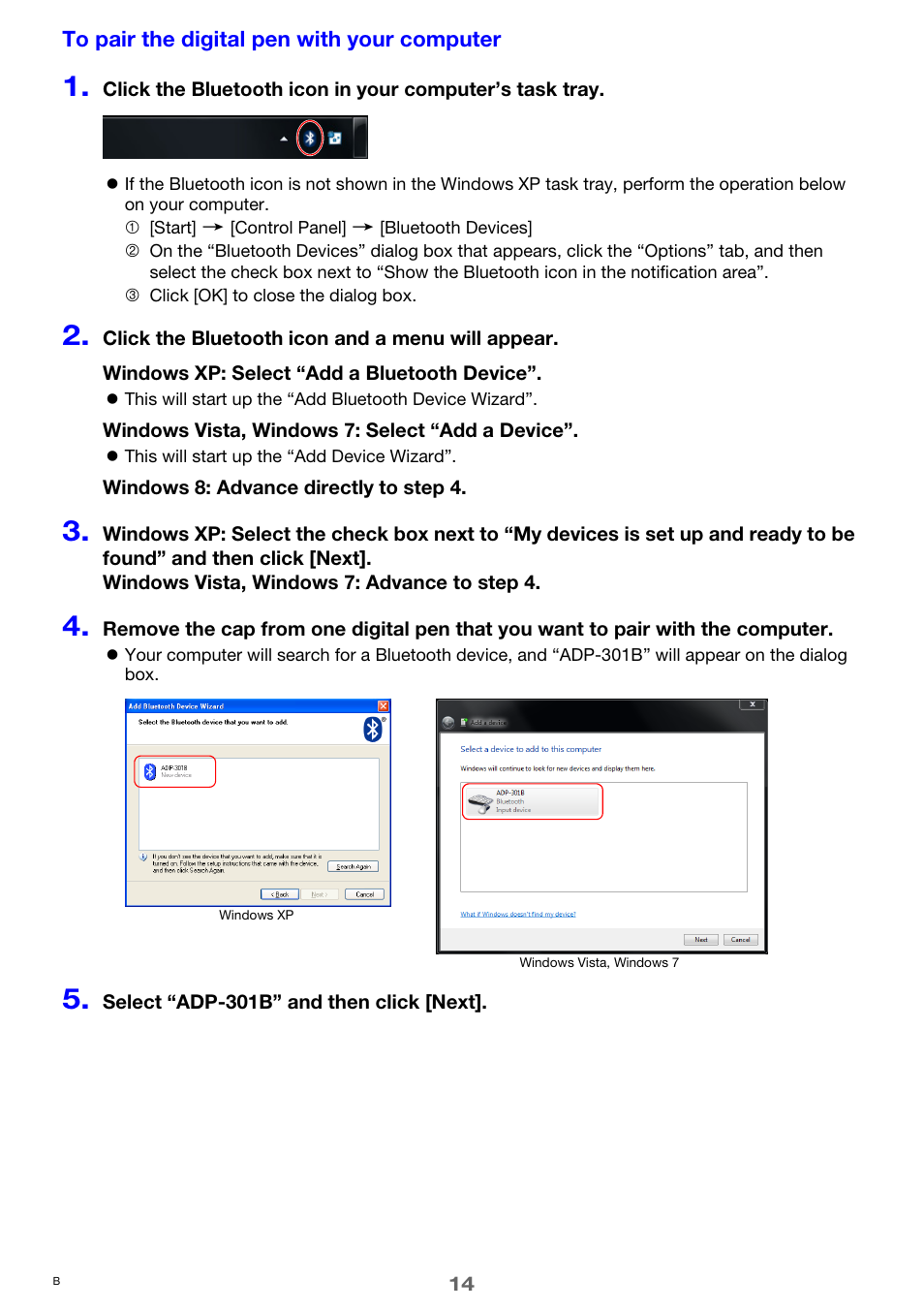 To pair the digital pen with your computer, E 14 | Casio YA-W72M User Guide User Manual | Page 14 / 89