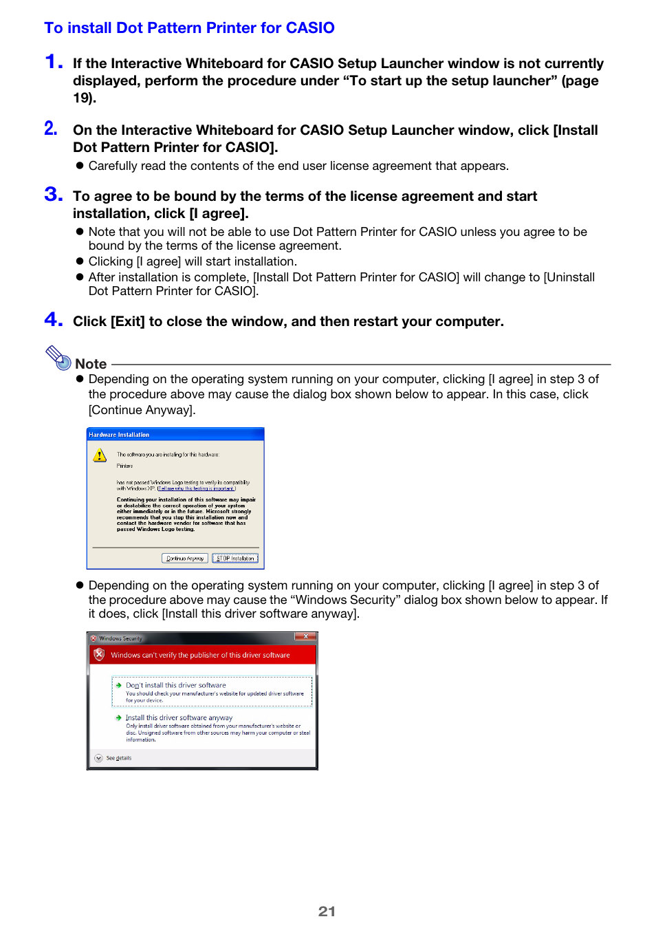 To install dot pattern printer for casio | Casio YA-W72M User Guide User Manual | Page 21 / 89