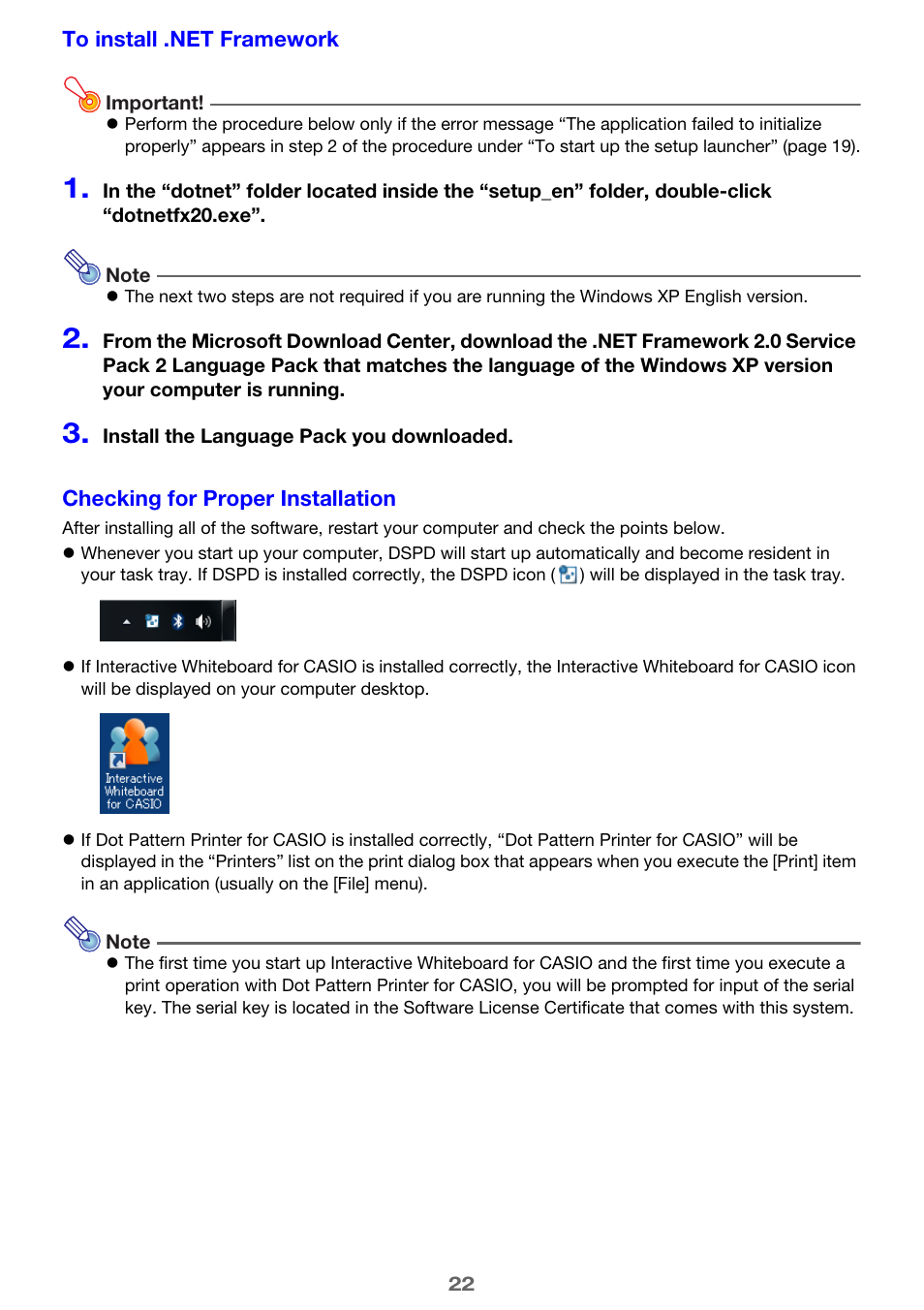 To install .net framework, E 22) | Casio YA-W72M User Guide User Manual | Page 22 / 89