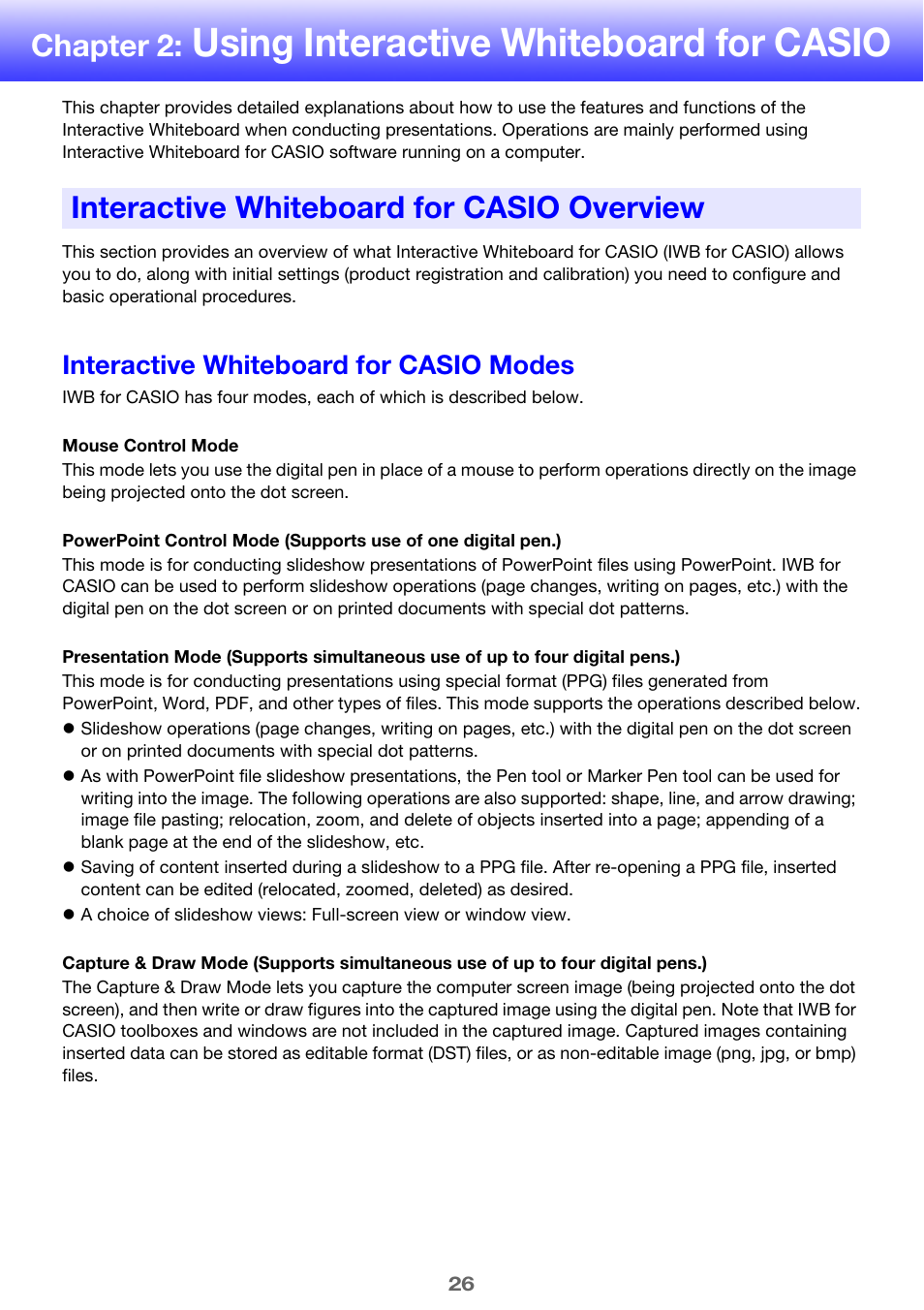 Chapter 2: using interactive whiteboard for casio, Interactive whiteboard for casio overview, Interactive whiteboard for casio modes | Using interactive whiteboard for casio, Chapter 2 | Casio YA-W72M User Guide User Manual | Page 26 / 89