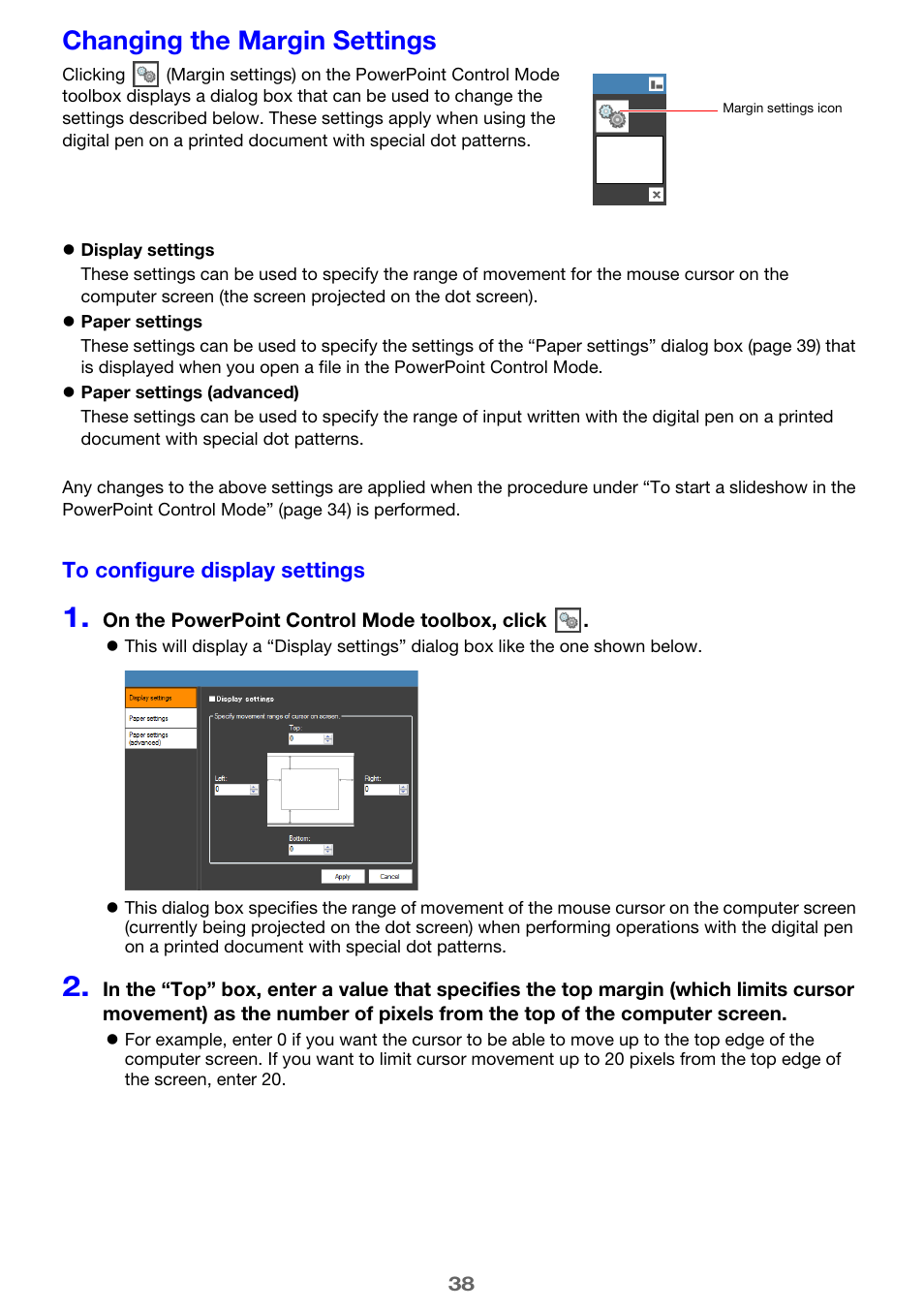 Changing the margin settings, To configure display settings | Casio YA-W72M User Guide User Manual | Page 38 / 89