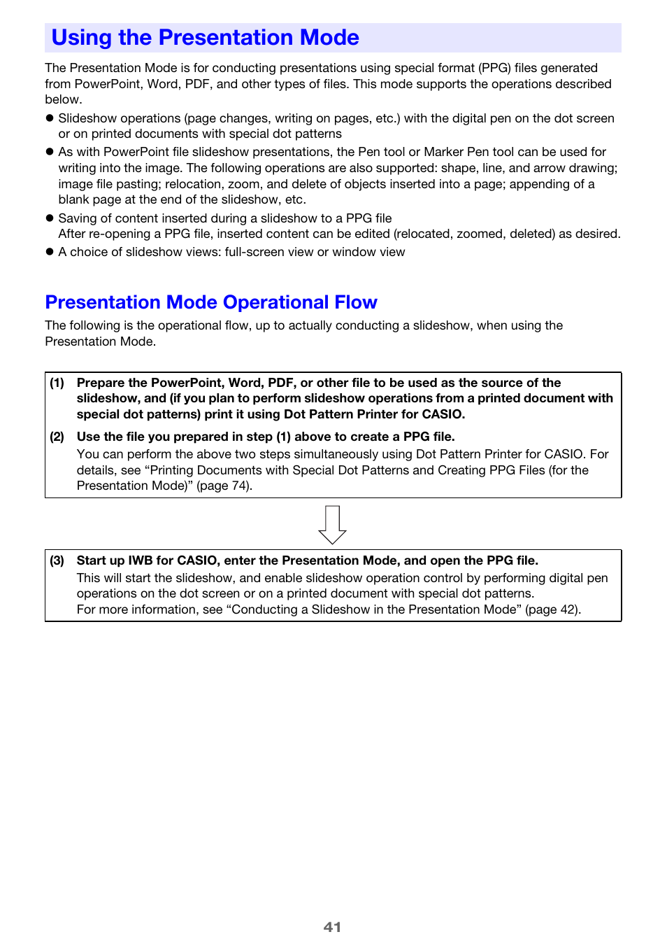 Using the presentation mode, Presentation mode operational flow, E 41) | Casio YA-W72M User Guide User Manual | Page 41 / 89