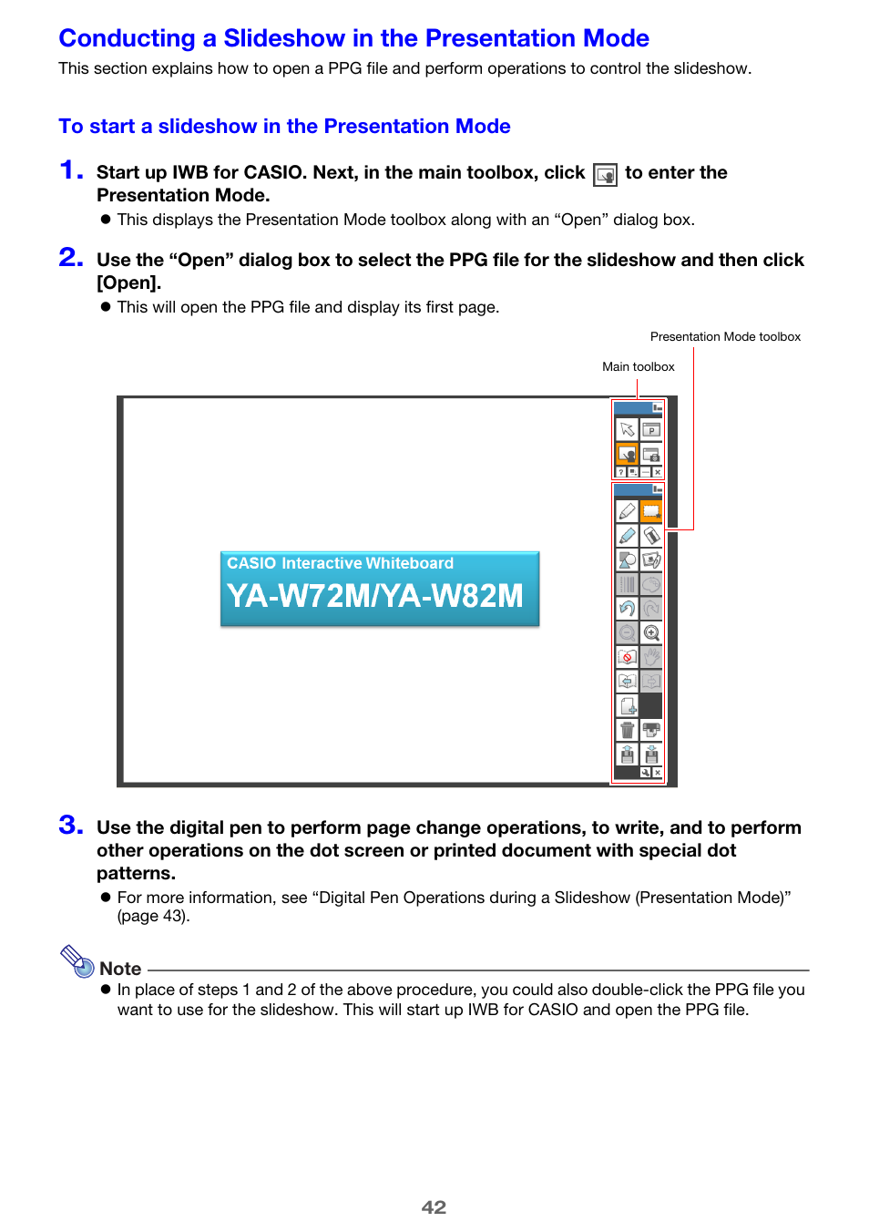 Conducting a slideshow in the presentation mode, To start a slideshow in the presentation mode, E 42) | Casio YA-W72M User Guide User Manual | Page 42 / 89