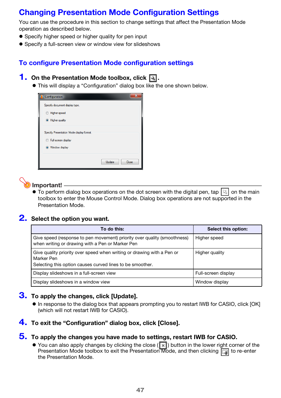 Changing presentation mode configuration settings | Casio YA-W72M User Guide User Manual | Page 47 / 89