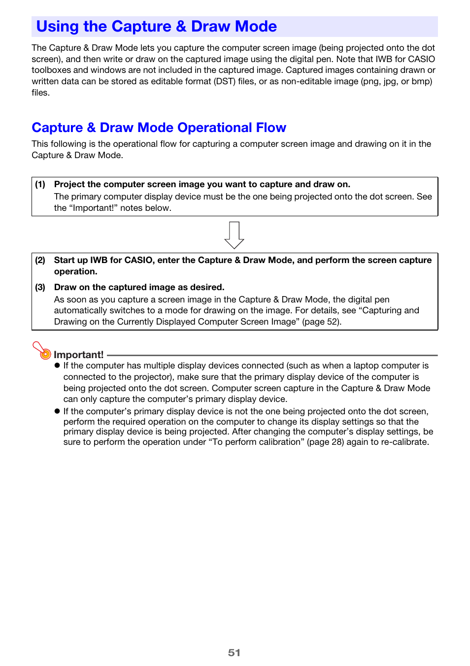 Using the capture & draw mode, Capture & draw mode operational flow | Casio YA-W72M User Guide User Manual | Page 51 / 89