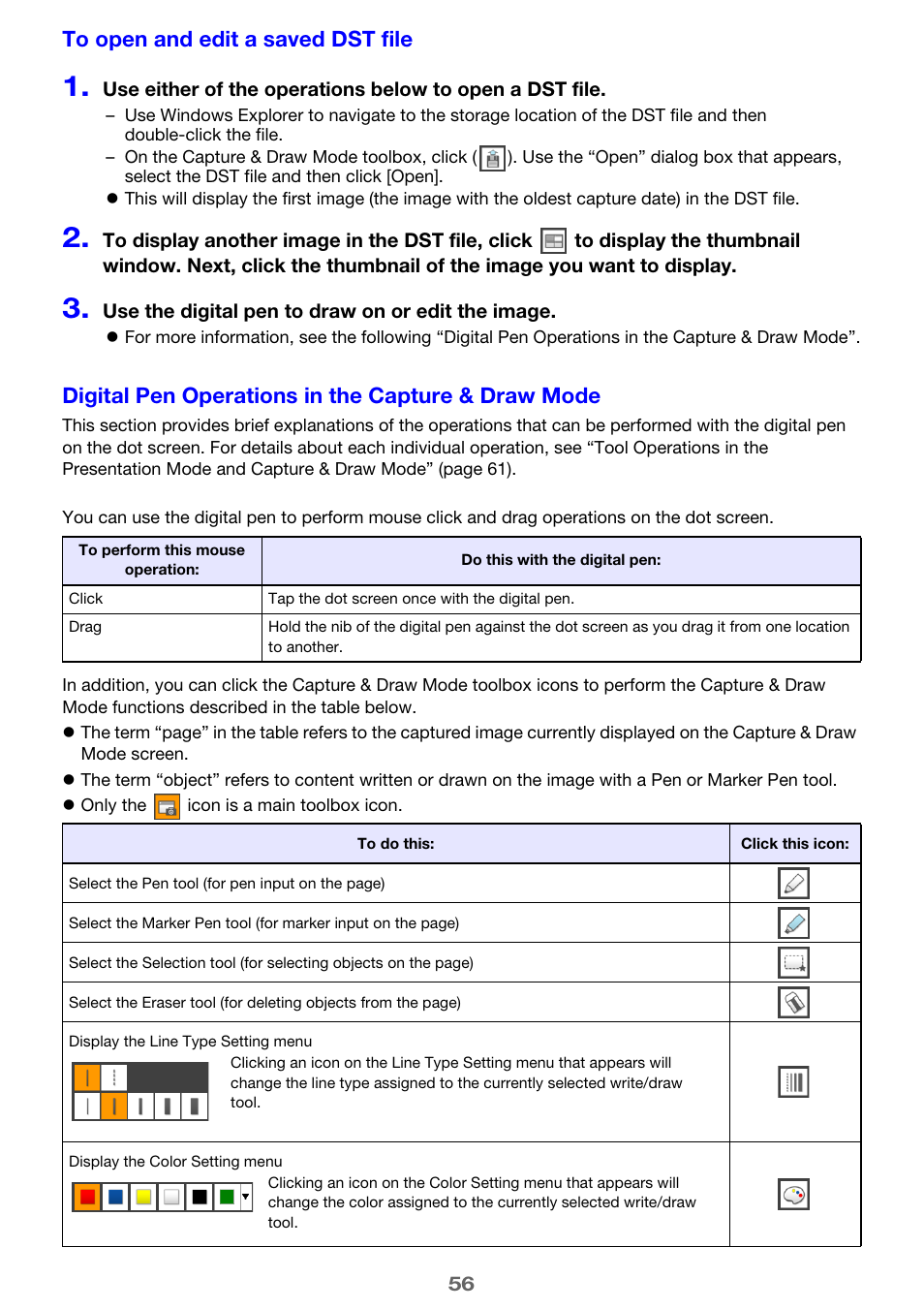 Digital pen operations in the capture & draw mode, E 56) | Casio YA-W72M User Guide User Manual | Page 56 / 89