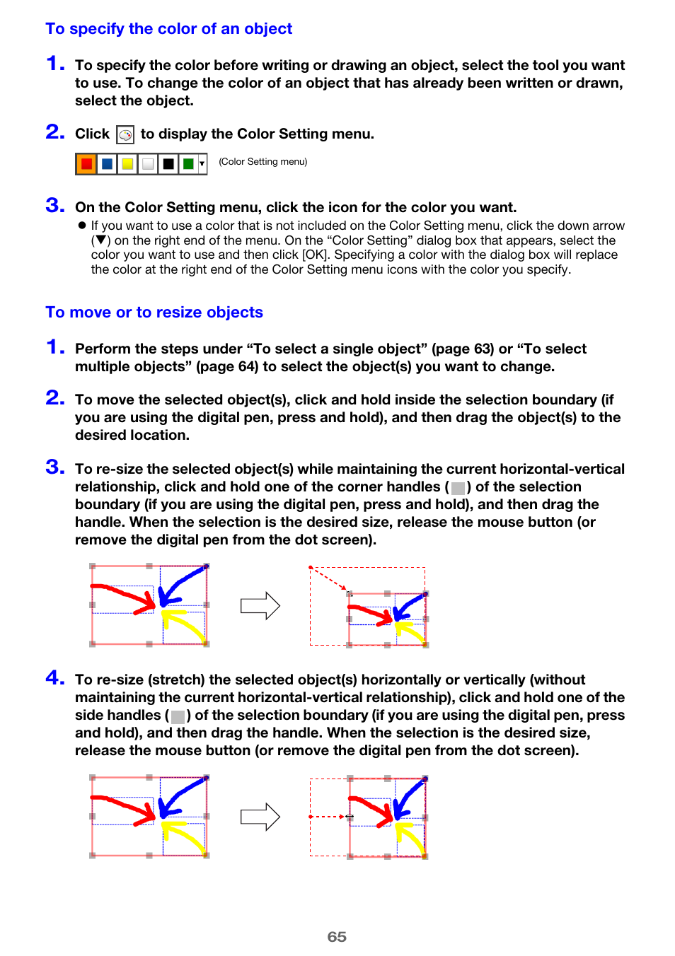 To move or to resize objects, E “to move or to resize objects, 65) a | Casio YA-W72M User Guide User Manual | Page 65 / 89