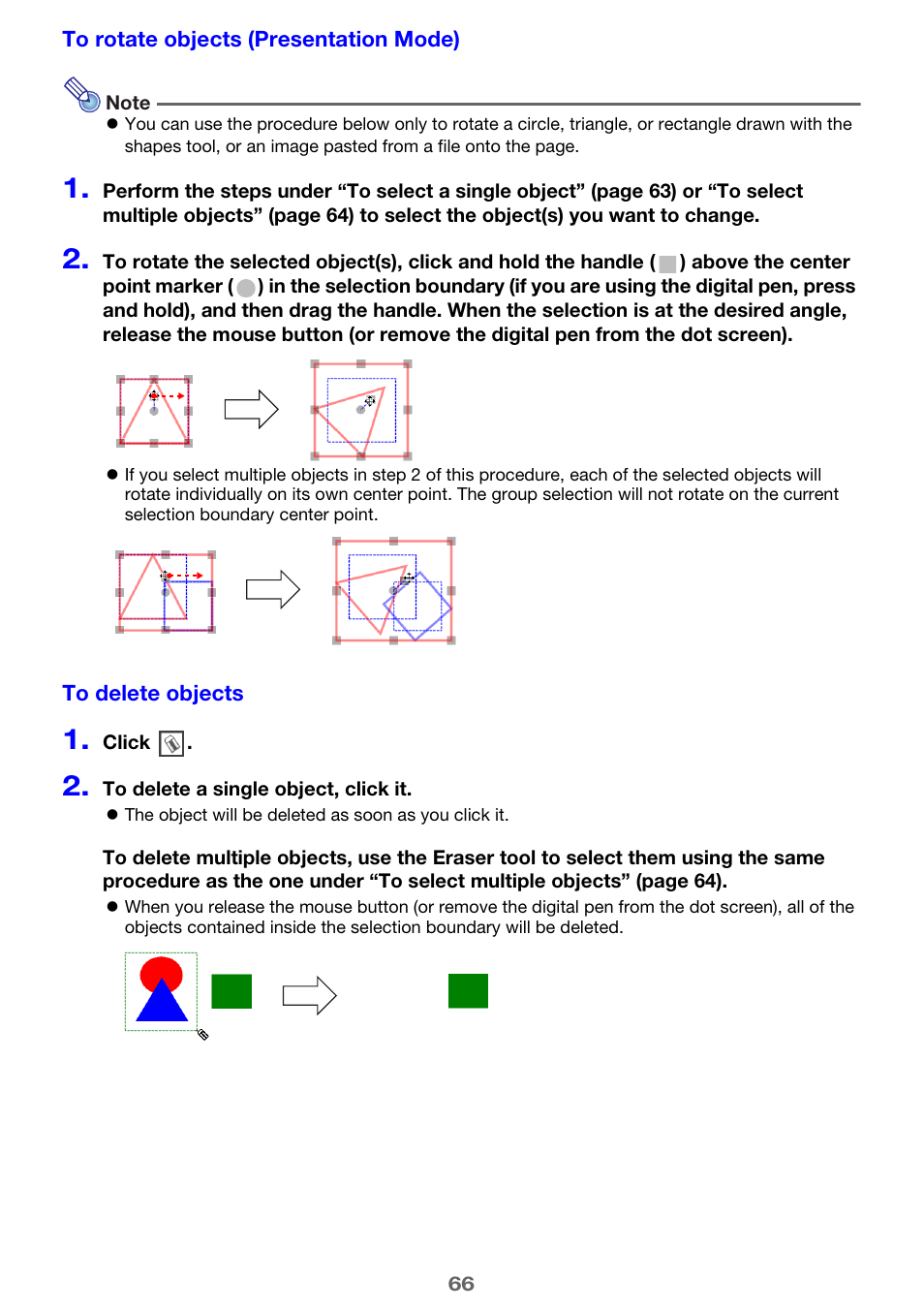 And “to rotate objects, Presentation mode), E 66) | To rotate objects (presentation mode) | Casio YA-W72M User Guide User Manual | Page 66 / 89