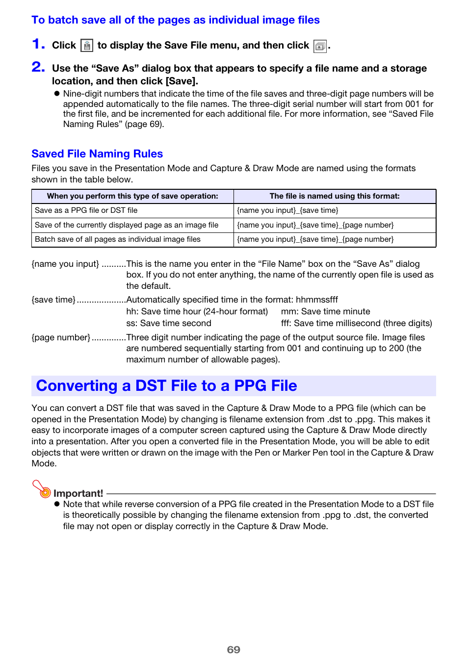 Converting a dst file to a ppg file, E “saved file naming rules, E 69) | Casio YA-W72M User Guide User Manual | Page 69 / 89