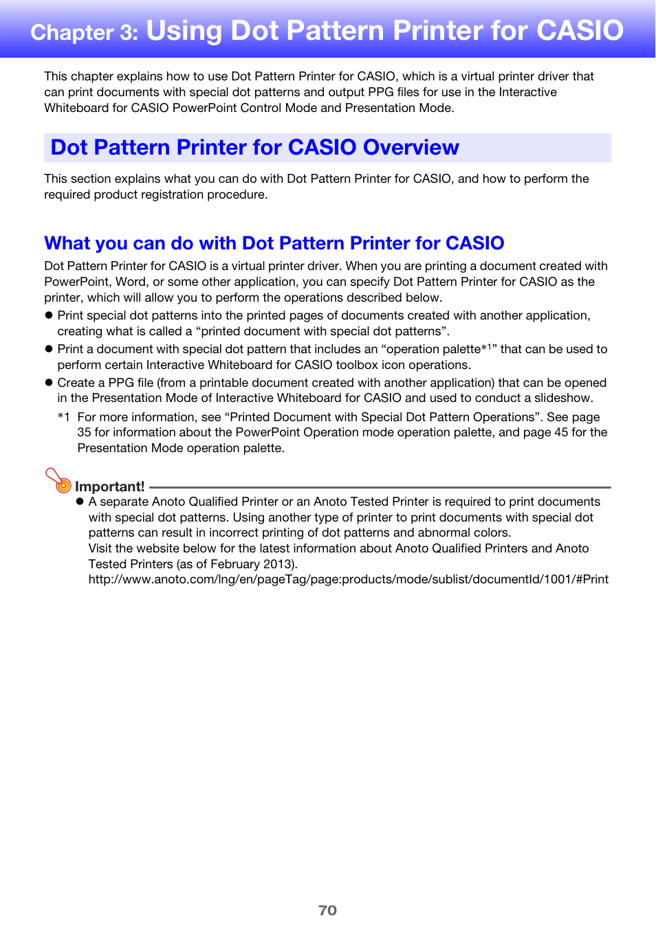 Chapter 3: using dot pattern printer for casio, Dot pattern printer for casio overview, What you can do with dot pattern printer for casio | Using dot pattern printer for casio, Chapter 3 | Casio YA-W72M User Guide User Manual | Page 70 / 89