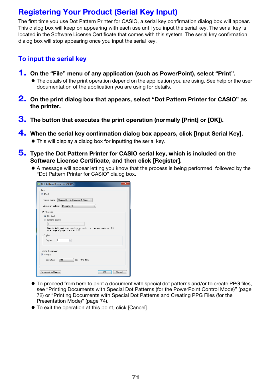 Registering your product (serial key input), To input the serial key | Casio YA-W72M User Guide User Manual | Page 71 / 89