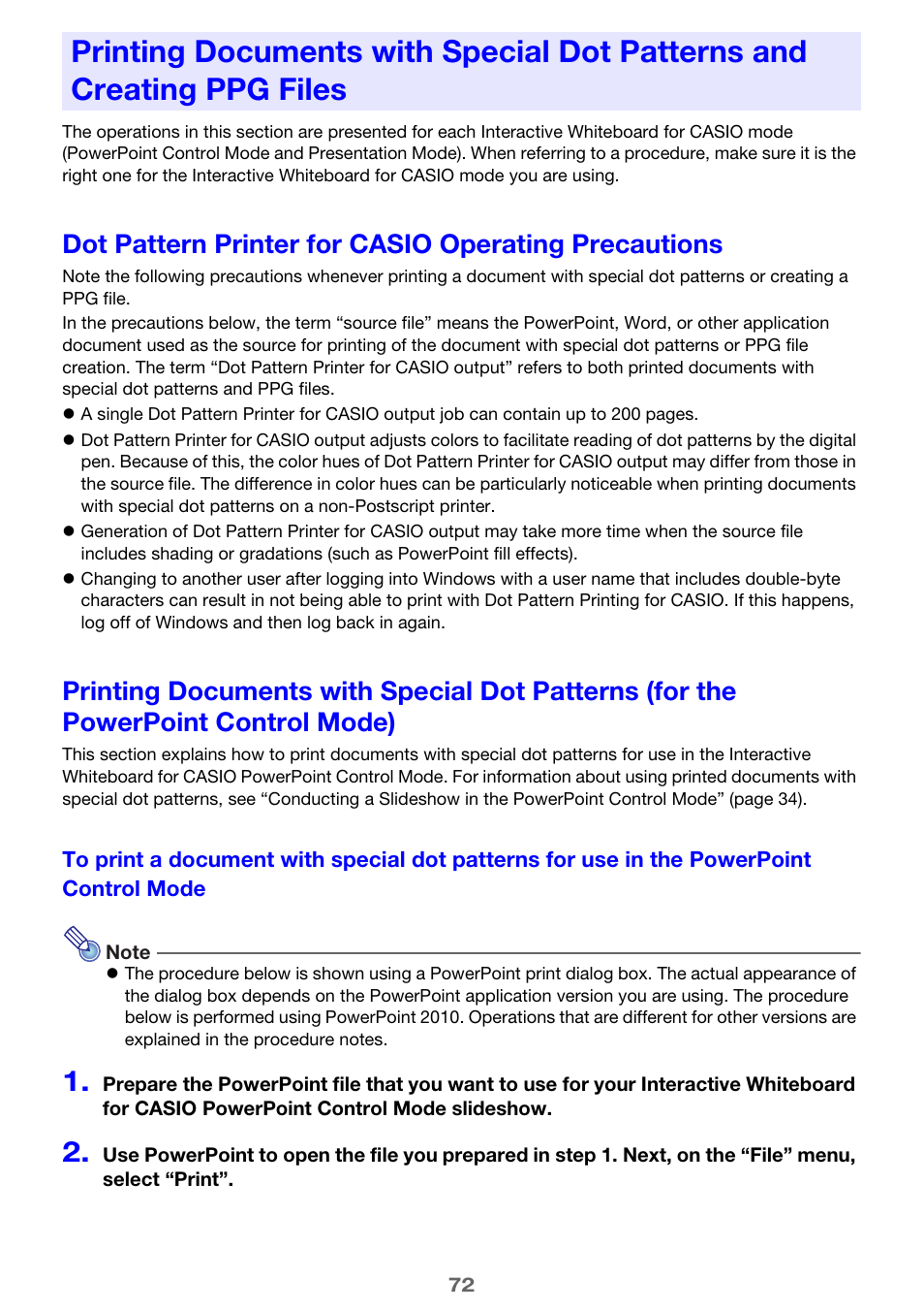 For the powerpoint control mode), To print a document with special dot patterns for, Use in the powerpoint control mode | 72) or “prin | Casio YA-W72M User Guide User Manual | Page 72 / 89