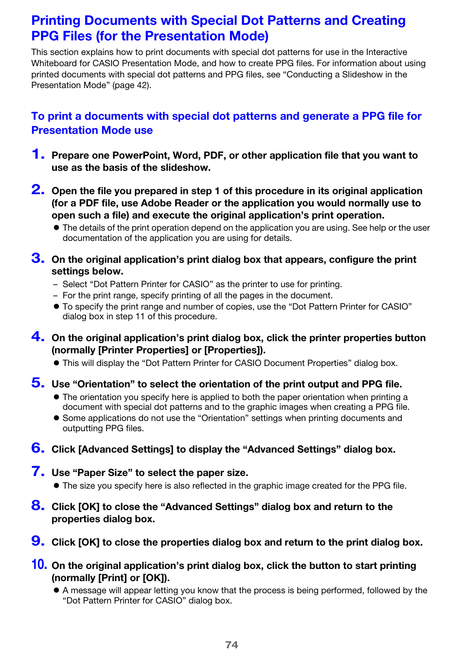 For the presentation mode), Presentation mode use, E 74) | Casio YA-W72M User Guide User Manual | Page 74 / 89