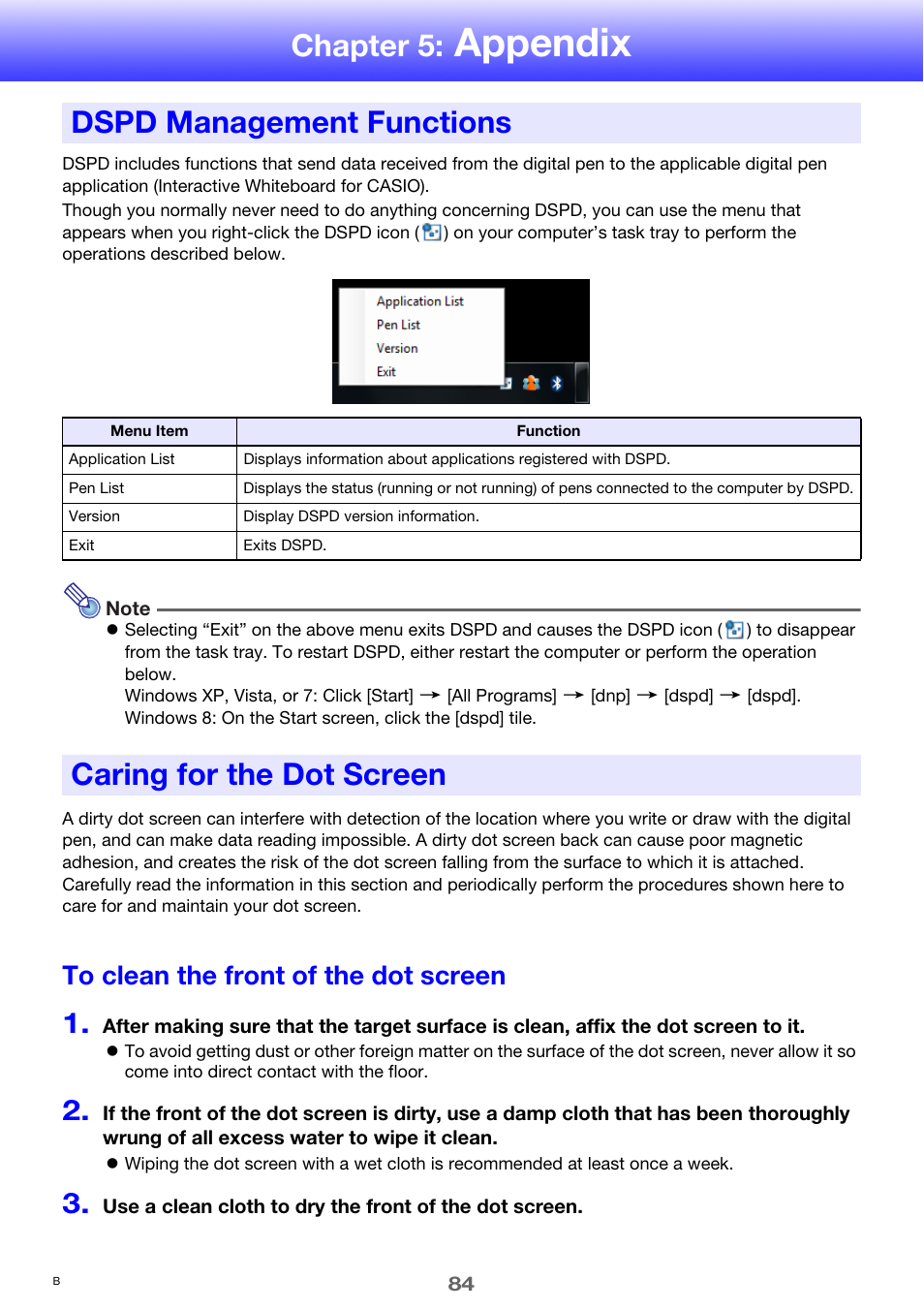 Chapter 5: appendix, Dspd management functions, Caring for the dot screen | To clean the front of the dot screen, Appendix, Chapter 5 | Casio YA-W72M User Guide User Manual | Page 84 / 89