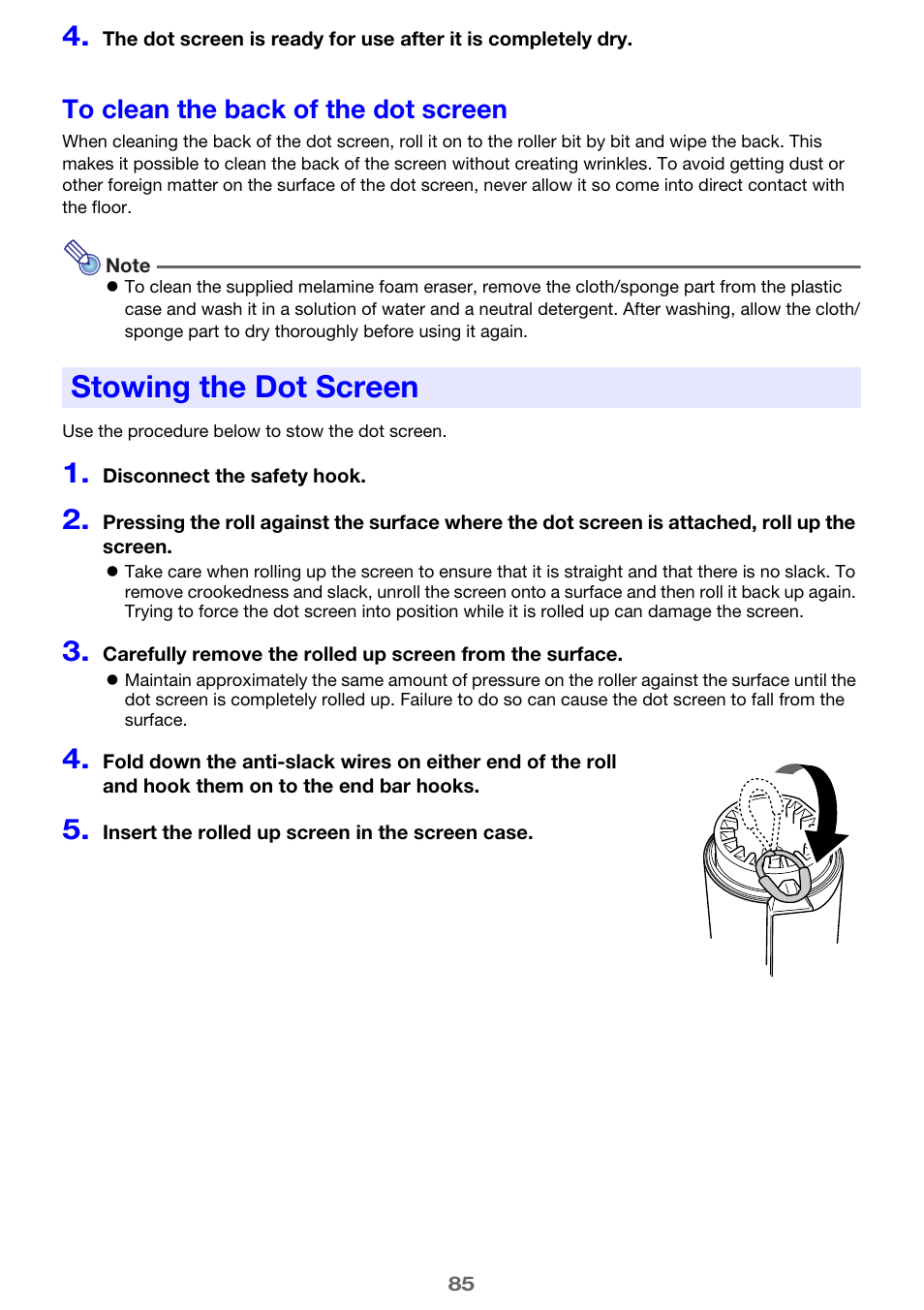 To clean the back of the dot screen, Stowing the dot screen | Casio YA-W72M User Guide User Manual | Page 85 / 89