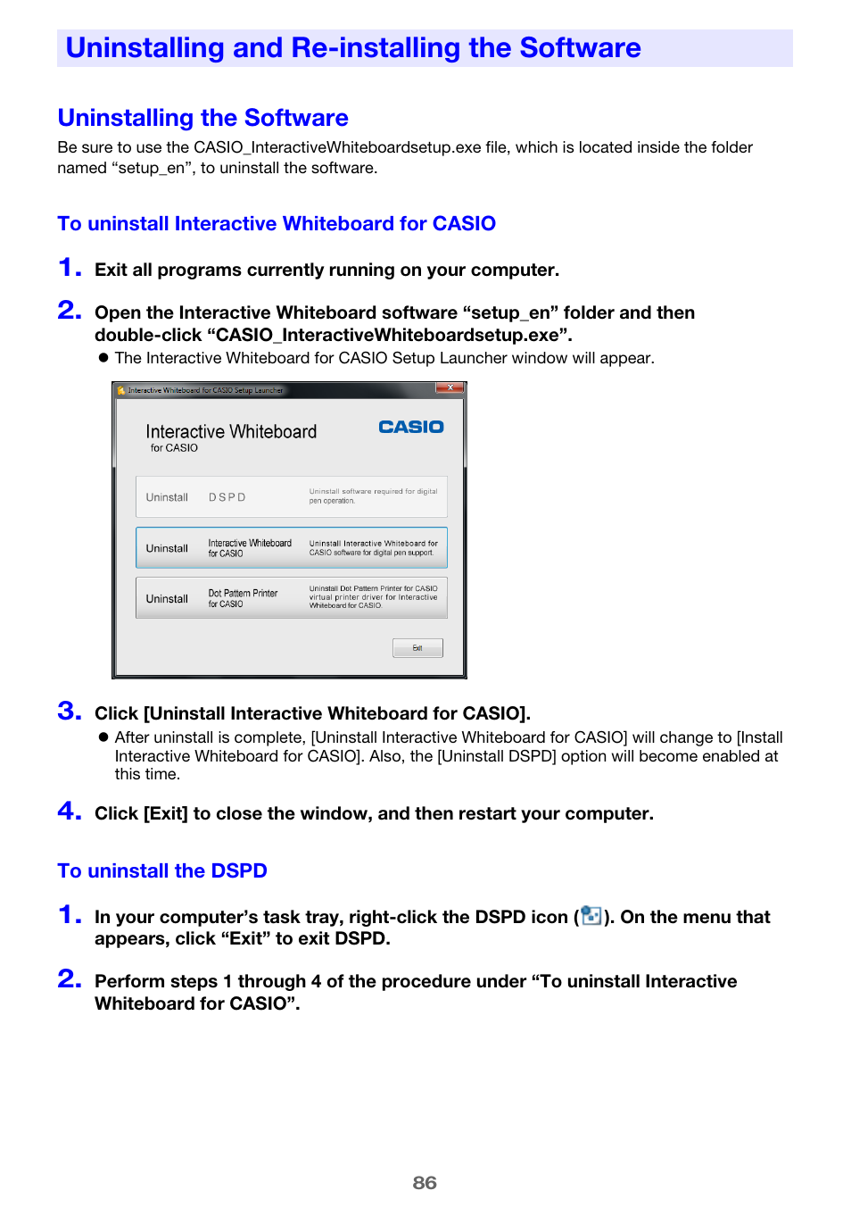 Uninstalling and re-installing the software, Uninstalling the software | Casio YA-W72M User Guide User Manual | Page 86 / 89