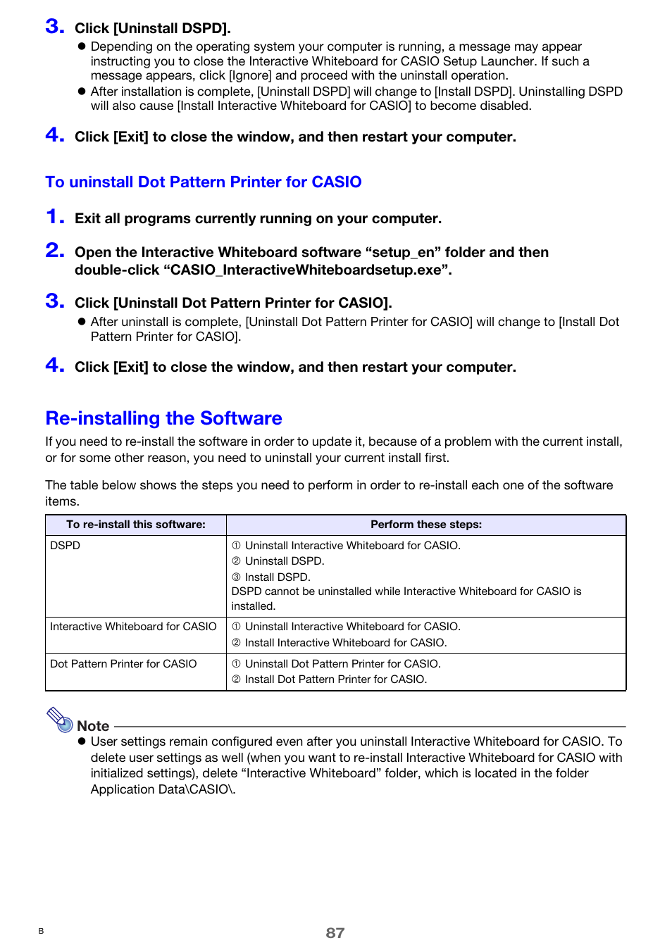 Re-installing the software, To uninstall dot pattern printer for casio, See “re-installing the software | Casio YA-W72M User Guide User Manual | Page 87 / 89