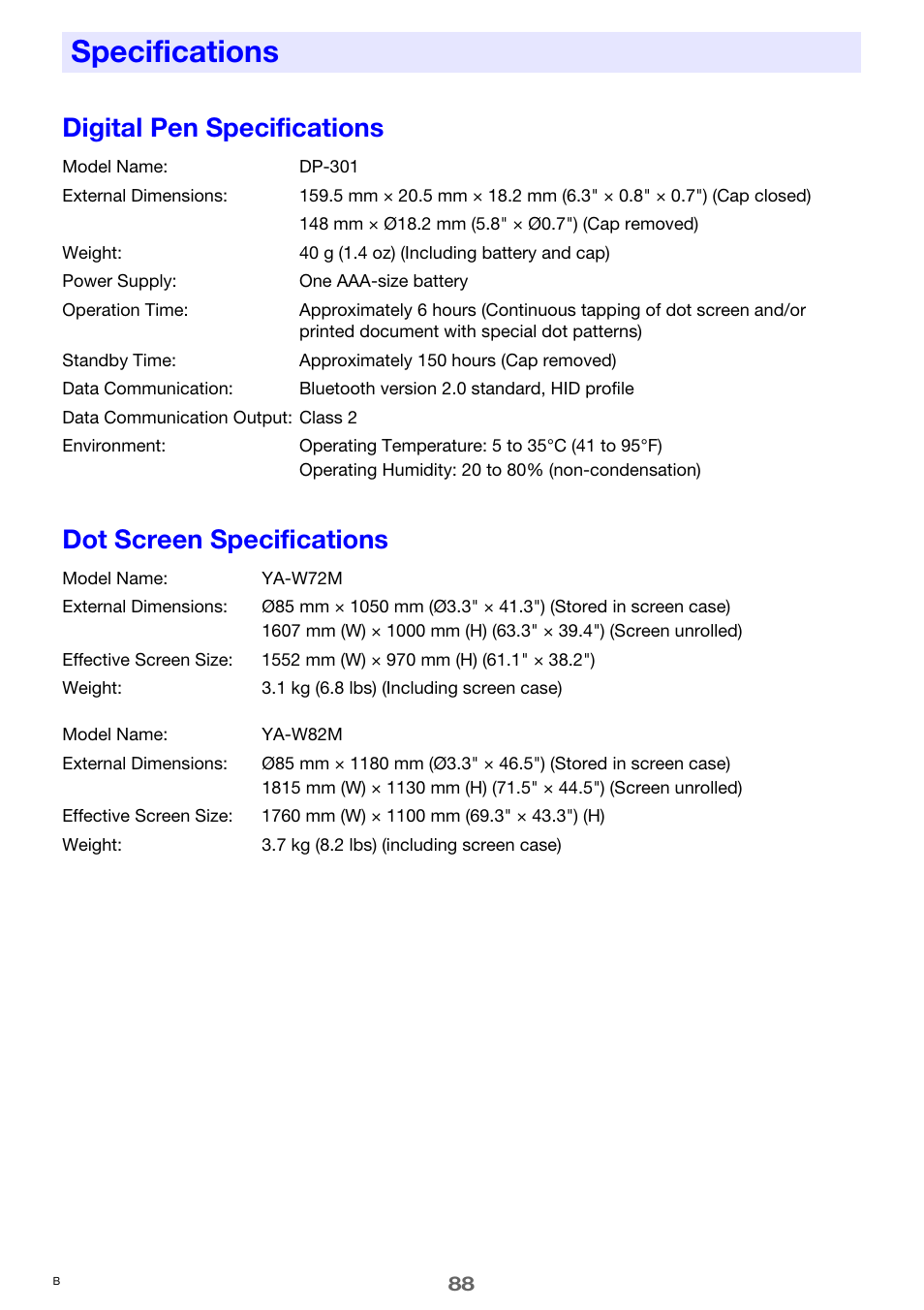 Specifications, Digital pen specifications, Dot screen specifications | Casio YA-W72M User Guide User Manual | Page 88 / 89