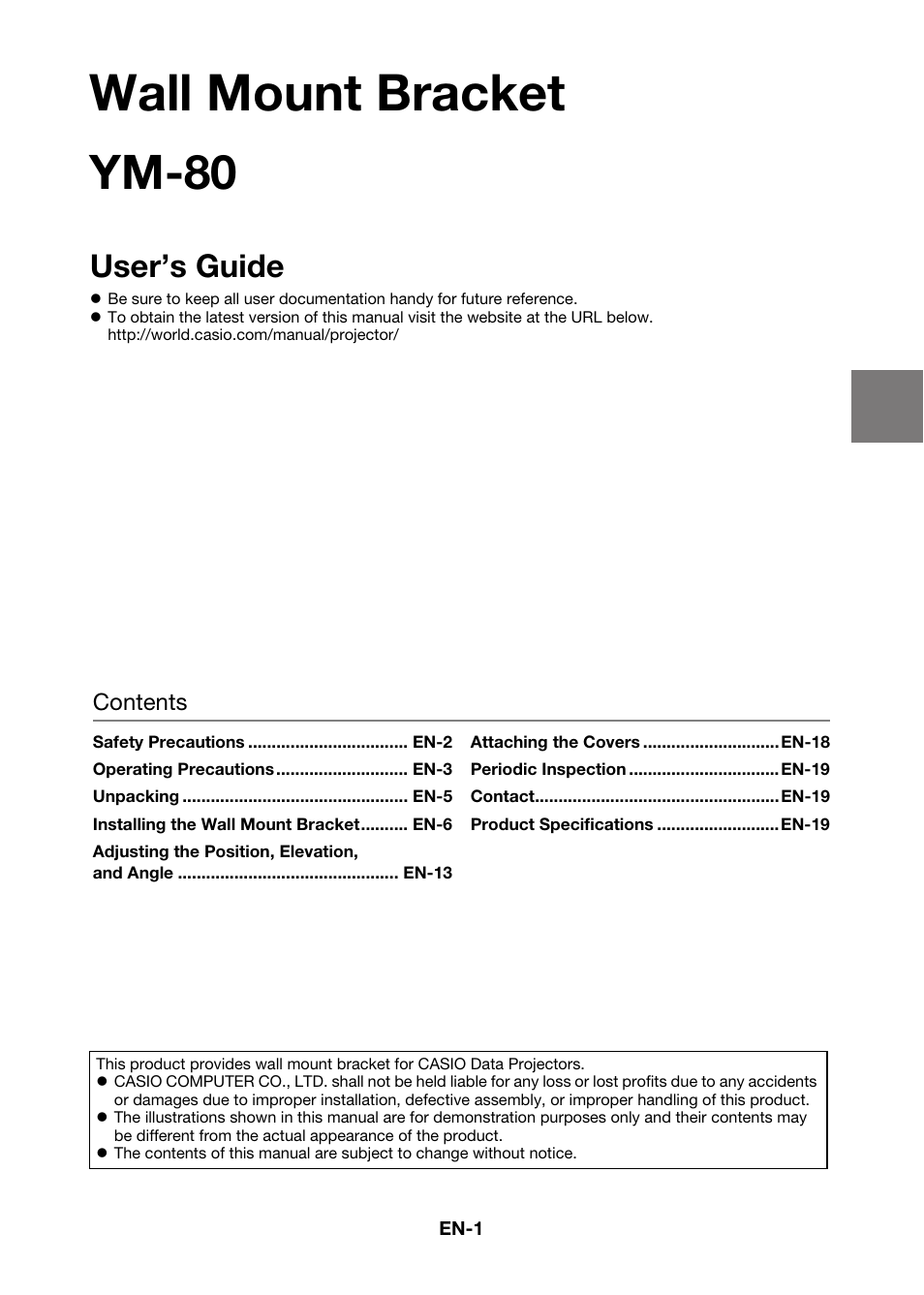 Wall mount bracket, Ym-80, User’s guide | Casio YM-80 User Manual | Page 2 / 21