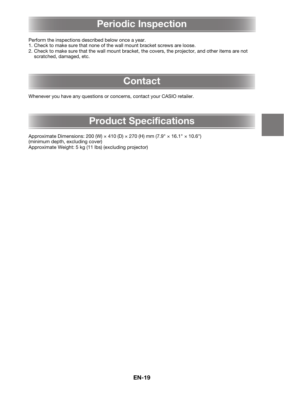 Periodic inspection, Contact product specifications | Casio YM-80 User Manual | Page 20 / 21