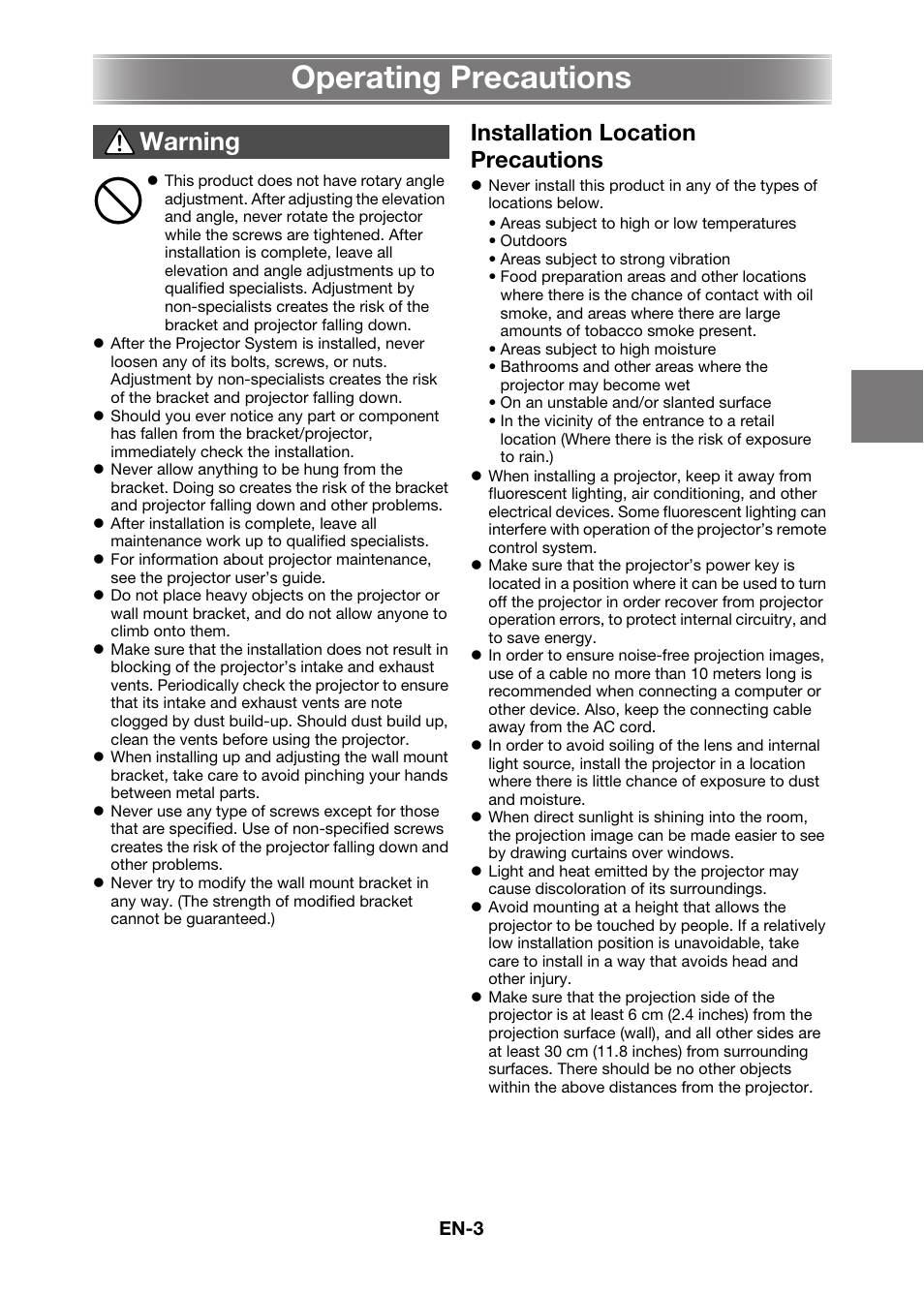 Operating precautions, Warning, Installation location precautions | Casio YM-80 User Manual | Page 4 / 21
