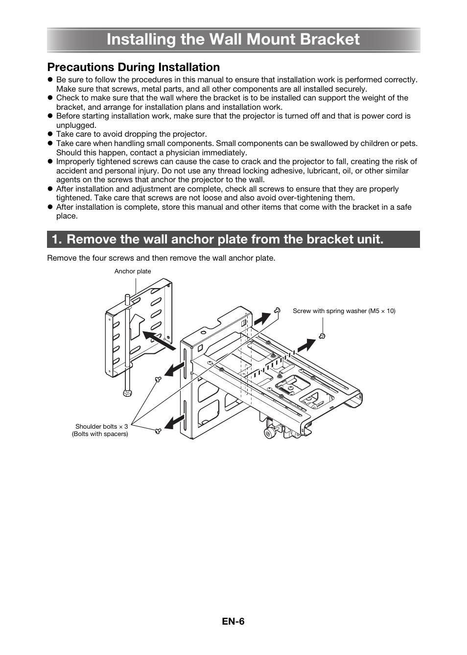 Installing the wall mount bracket, Remove the wall anchor plate from the bracket unit, Precautions during installation | Casio YM-80 User Manual | Page 7 / 21