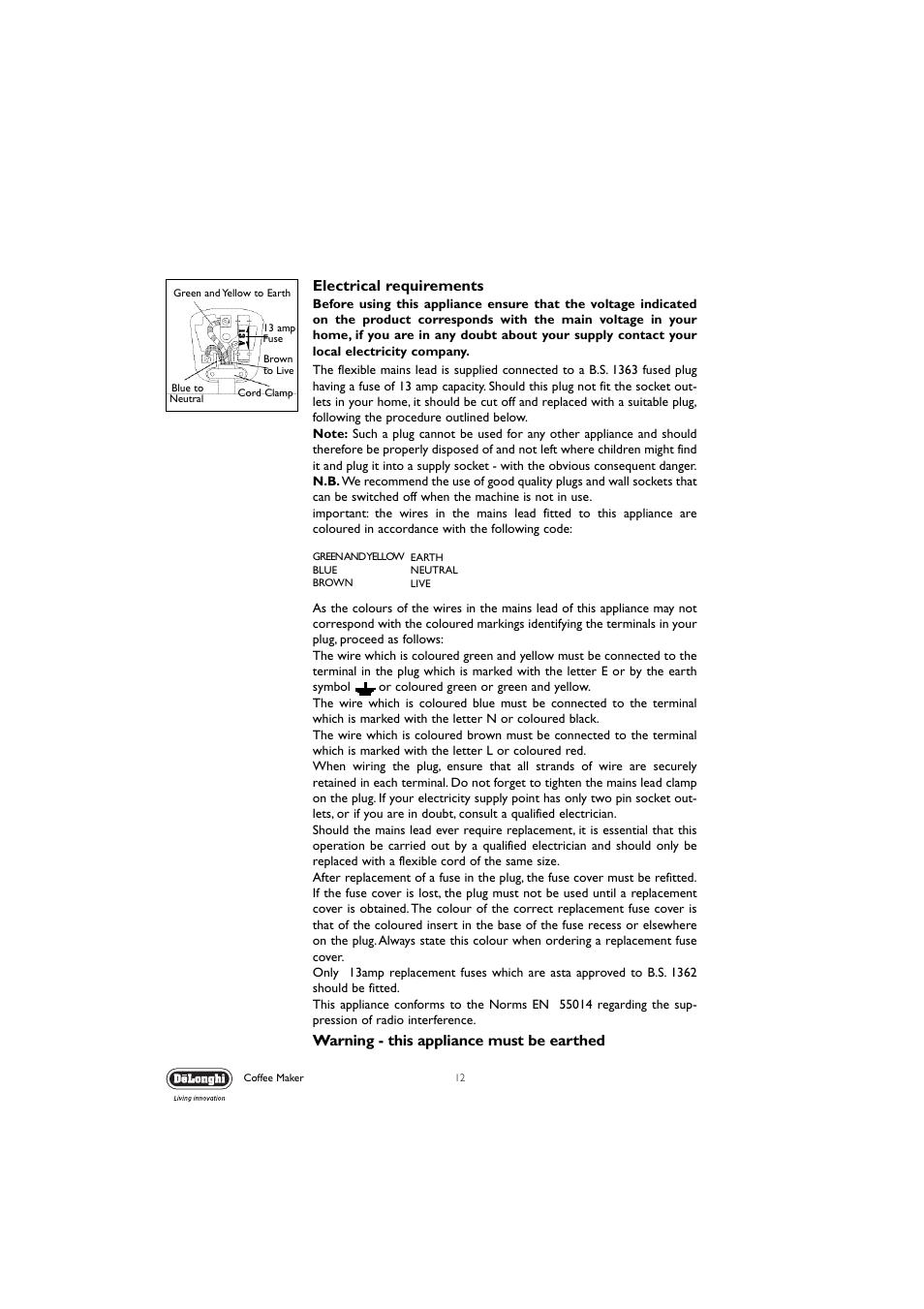 Electrical requirements, Warning - this appliance must be earthed | DeLonghi EC190 User Manual | Page 12 / 12