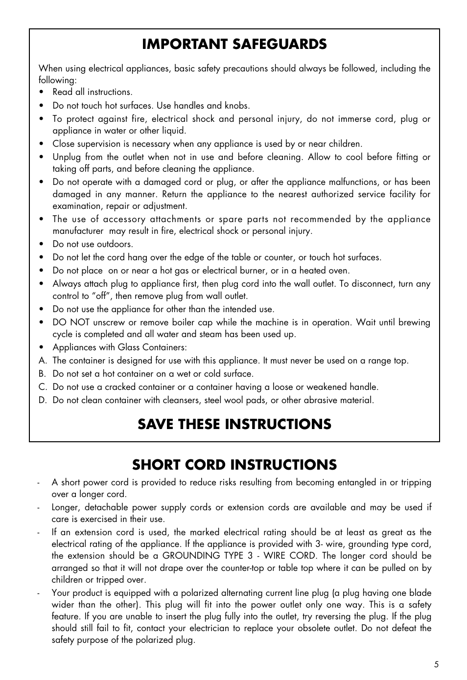 Short cord instructions, Important safeguards, Save these instructions | DeLonghi BCO100 User Manual | Page 5 / 15