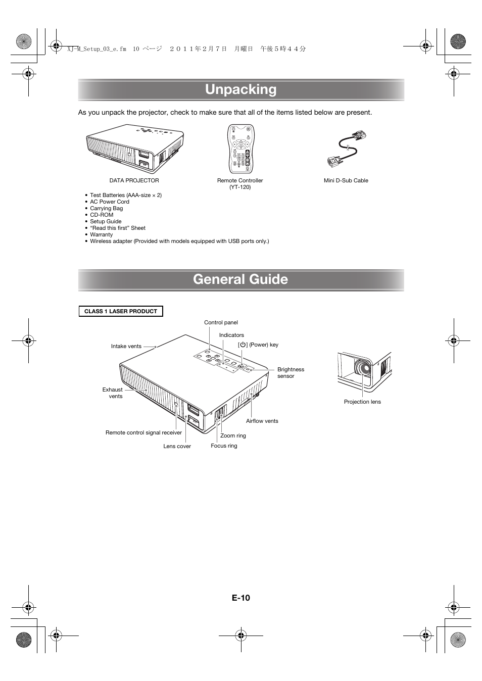 Unpacking, General guide | Casio XJ-M140 (A9****) Fonctionnement de base User Manual | Page 12 / 72