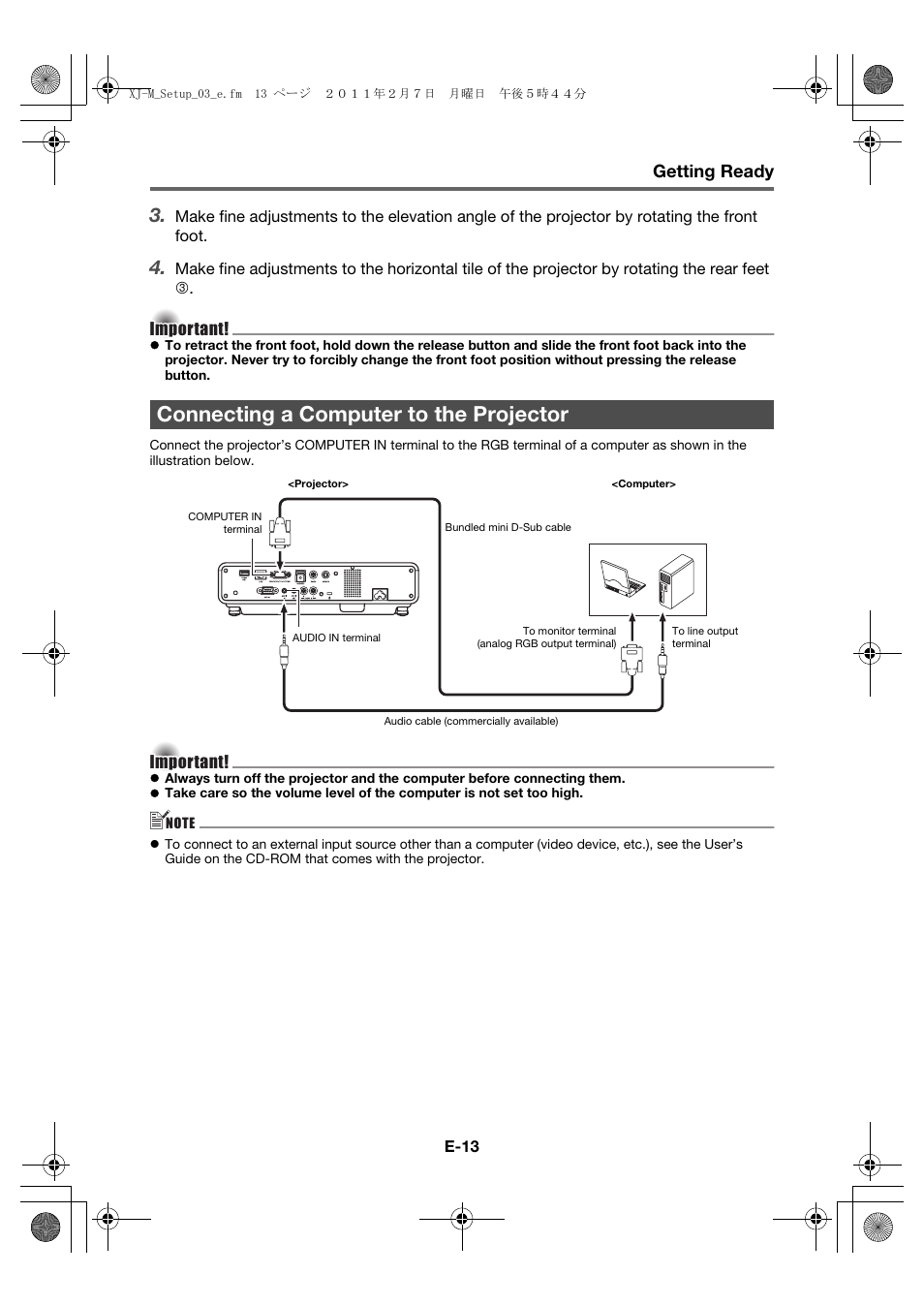 Connecting a computer to the projector, Getting ready | Casio XJ-M140 (A9****) Fonctionnement de base User Manual | Page 15 / 72