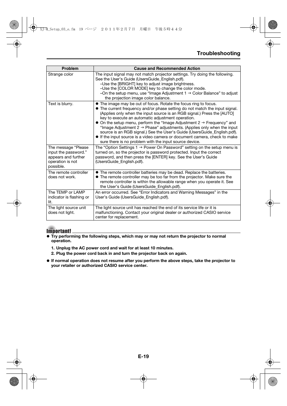 Troubleshooting | Casio XJ-M140 (A9****) Fonctionnement de base User Manual | Page 21 / 72