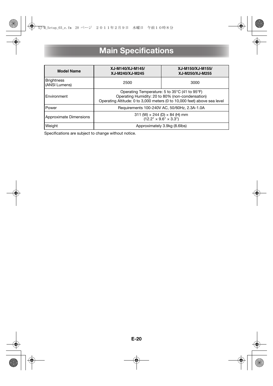 Main specifications | Casio XJ-M140 (A9****) Fonctionnement de base User Manual | Page 22 / 72