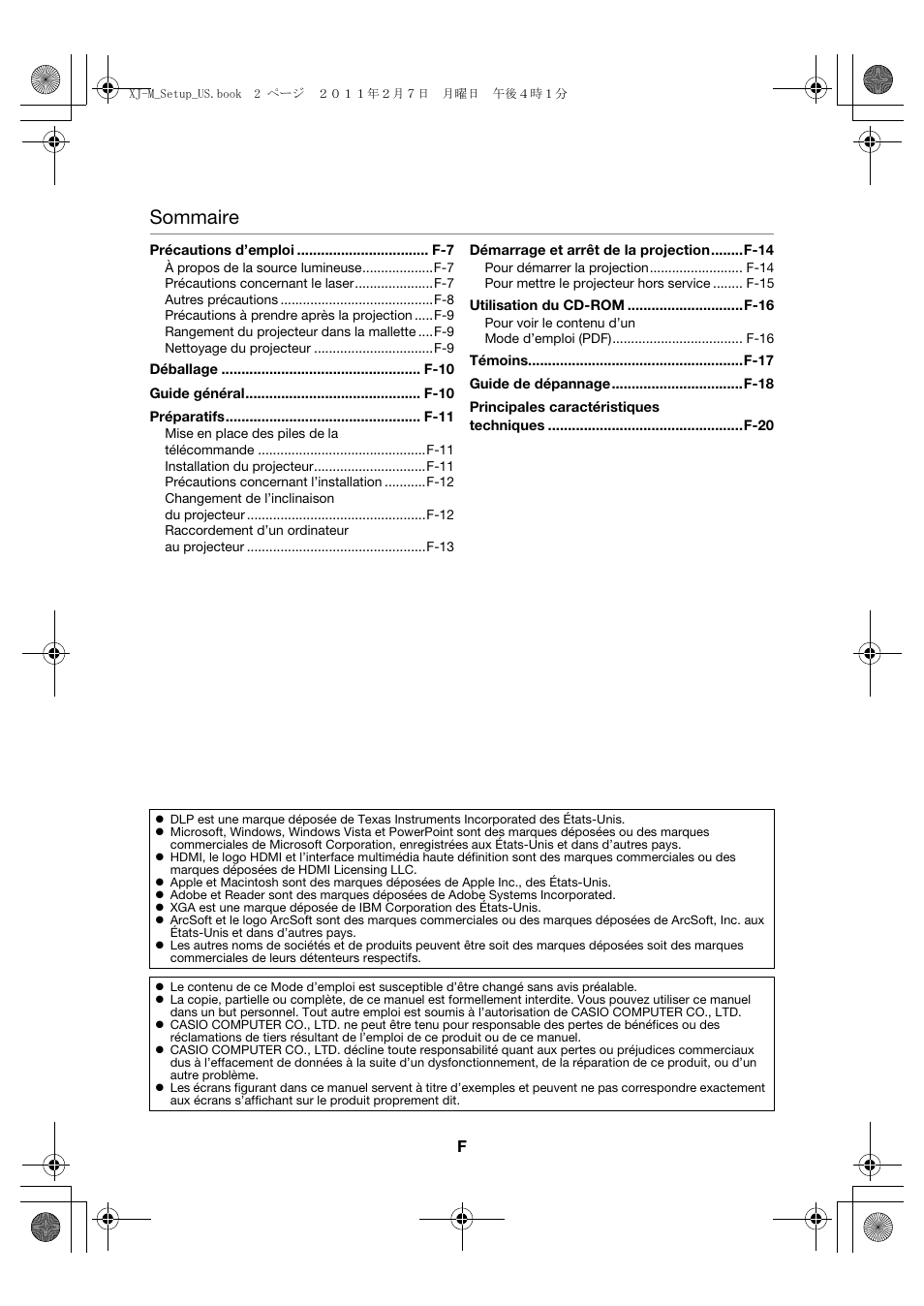 Sommaire | Casio XJ-M140 (A9****) Fonctionnement de base User Manual | Page 24 / 72