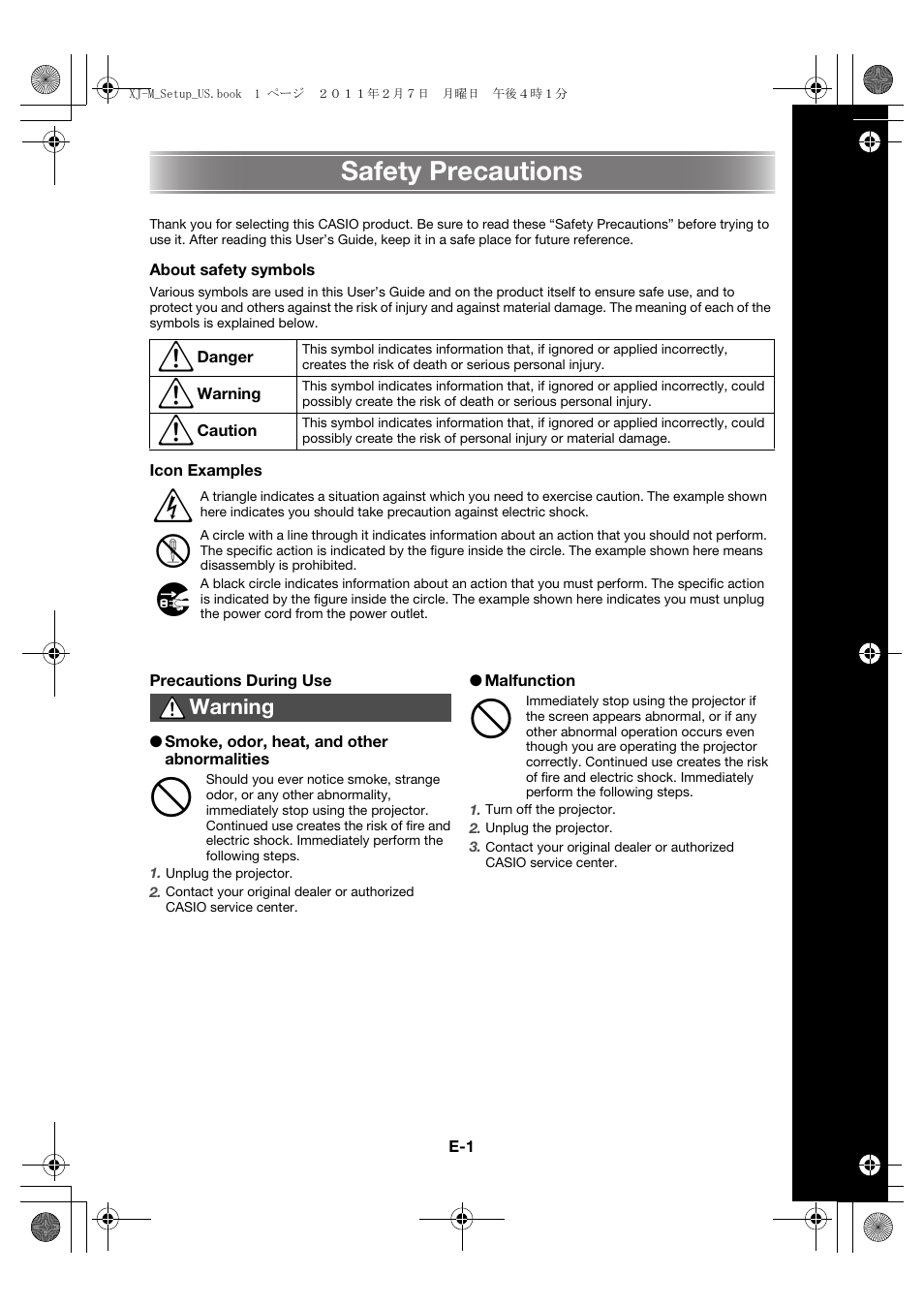 Safety precautions | Casio XJ-M140 (A9****) Fonctionnement de base User Manual | Page 3 / 72