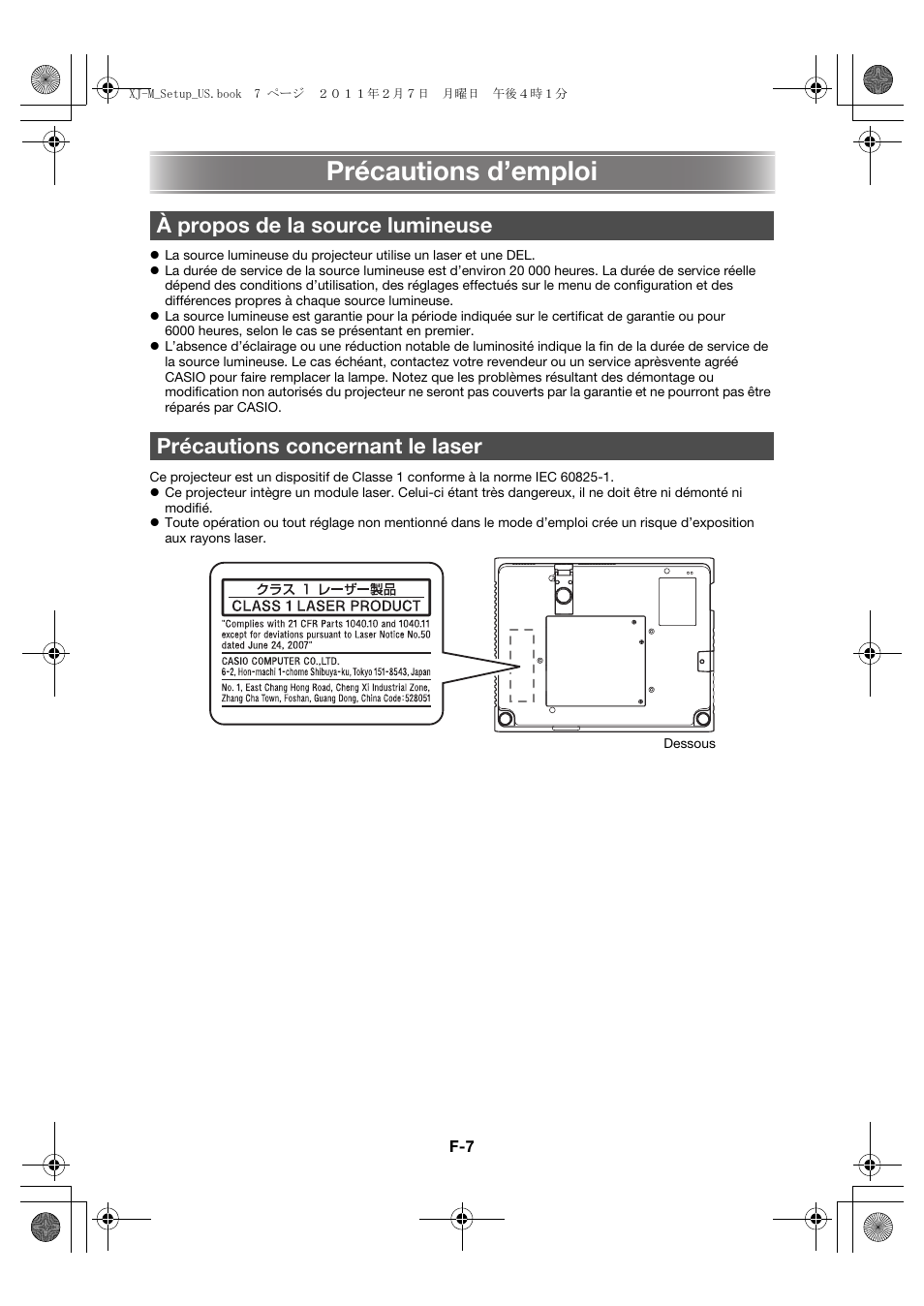 Précautions d’emploi | Casio XJ-M140 (A9****) Fonctionnement de base User Manual | Page 31 / 72