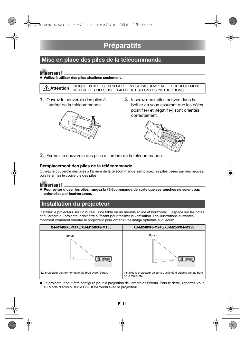 Préparatifs, Mise en place des piles de la télécommande, Installation du projecteur | Casio XJ-M140 (A9****) Fonctionnement de base User Manual | Page 35 / 72