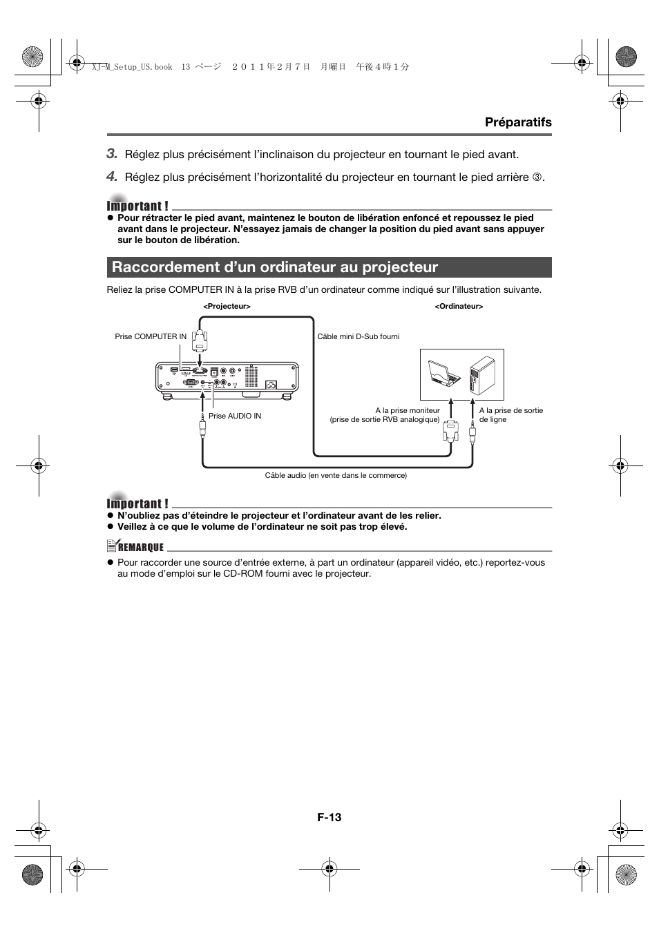 Raccordement d’un ordinateur au projecteur, Préparatifs | Casio XJ-M140 (A9****) Fonctionnement de base User Manual | Page 37 / 72