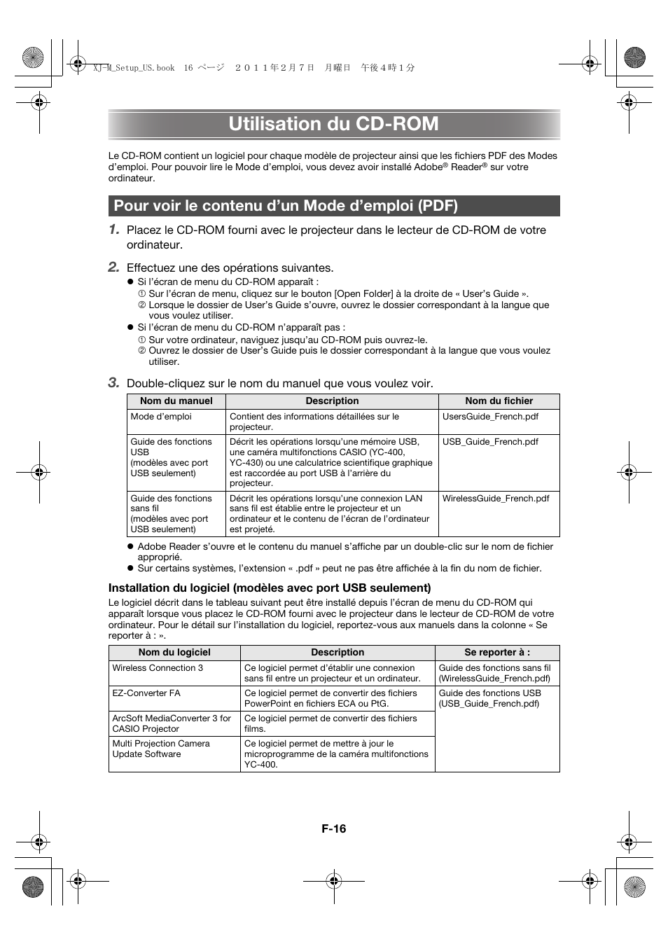 Utilisation du cd-rom, Pour voir le contenu d’un mode d’emploi (pdf) | Casio XJ-M140 (A9****) Fonctionnement de base User Manual | Page 40 / 72