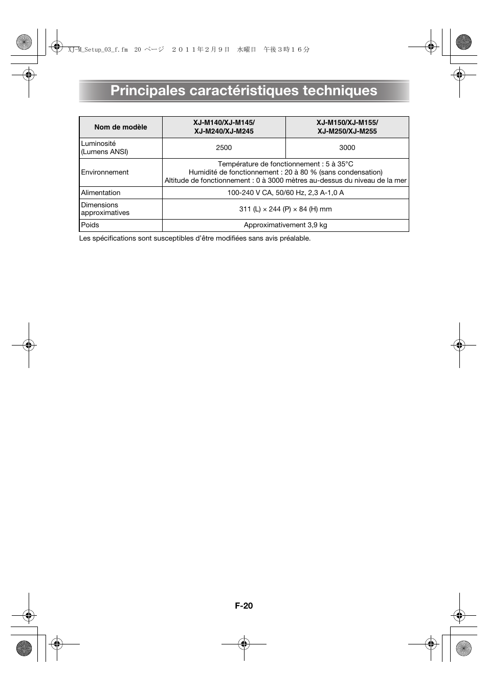 Principales caractéristiques techniques | Casio XJ-M140 (A9****) Fonctionnement de base User Manual | Page 44 / 72
