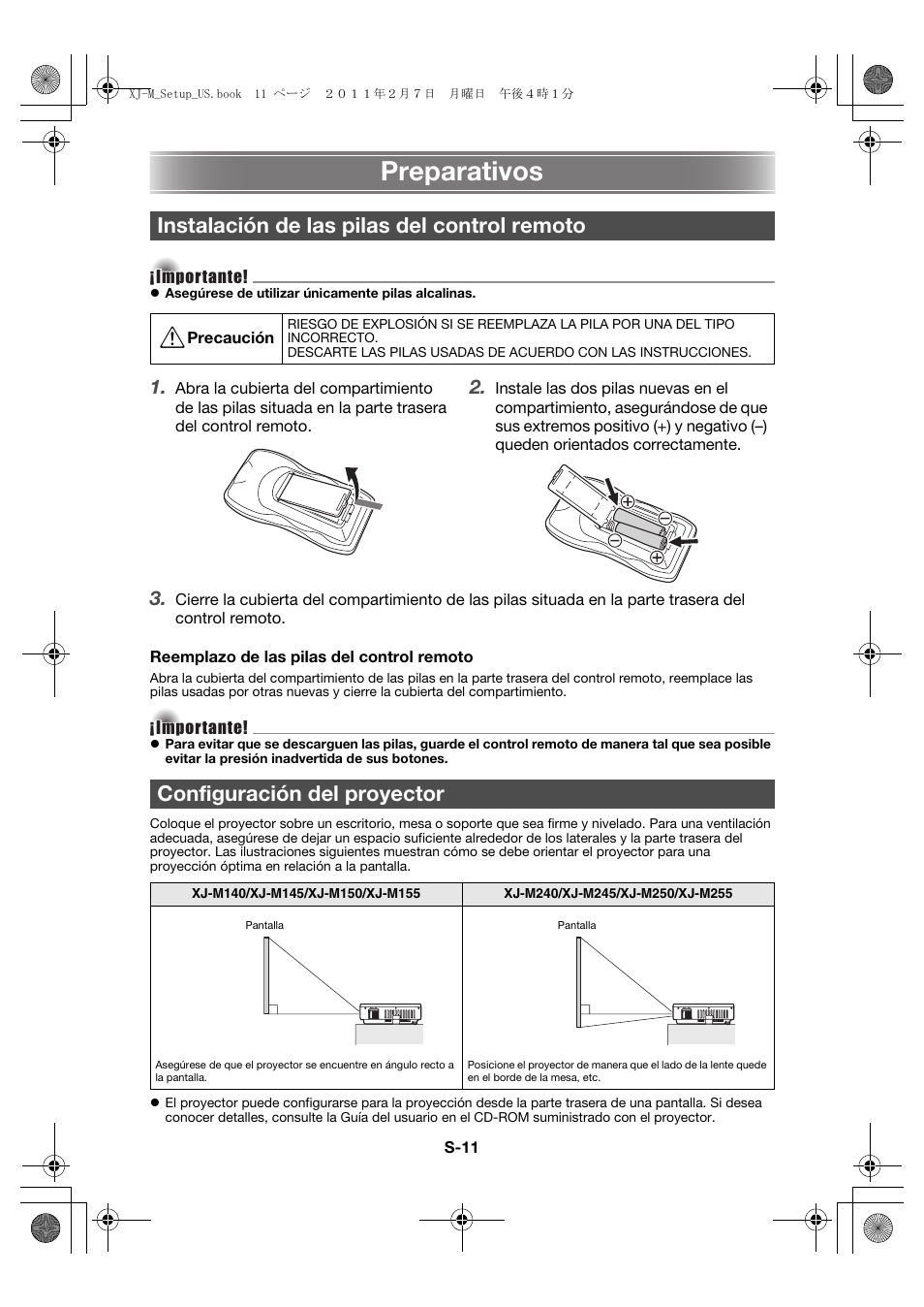 Preparativos, Instalación de las pilas del control remoto, Configuración del proyector | Casio XJ-M140 (A9****) Fonctionnement de base User Manual | Page 57 / 72