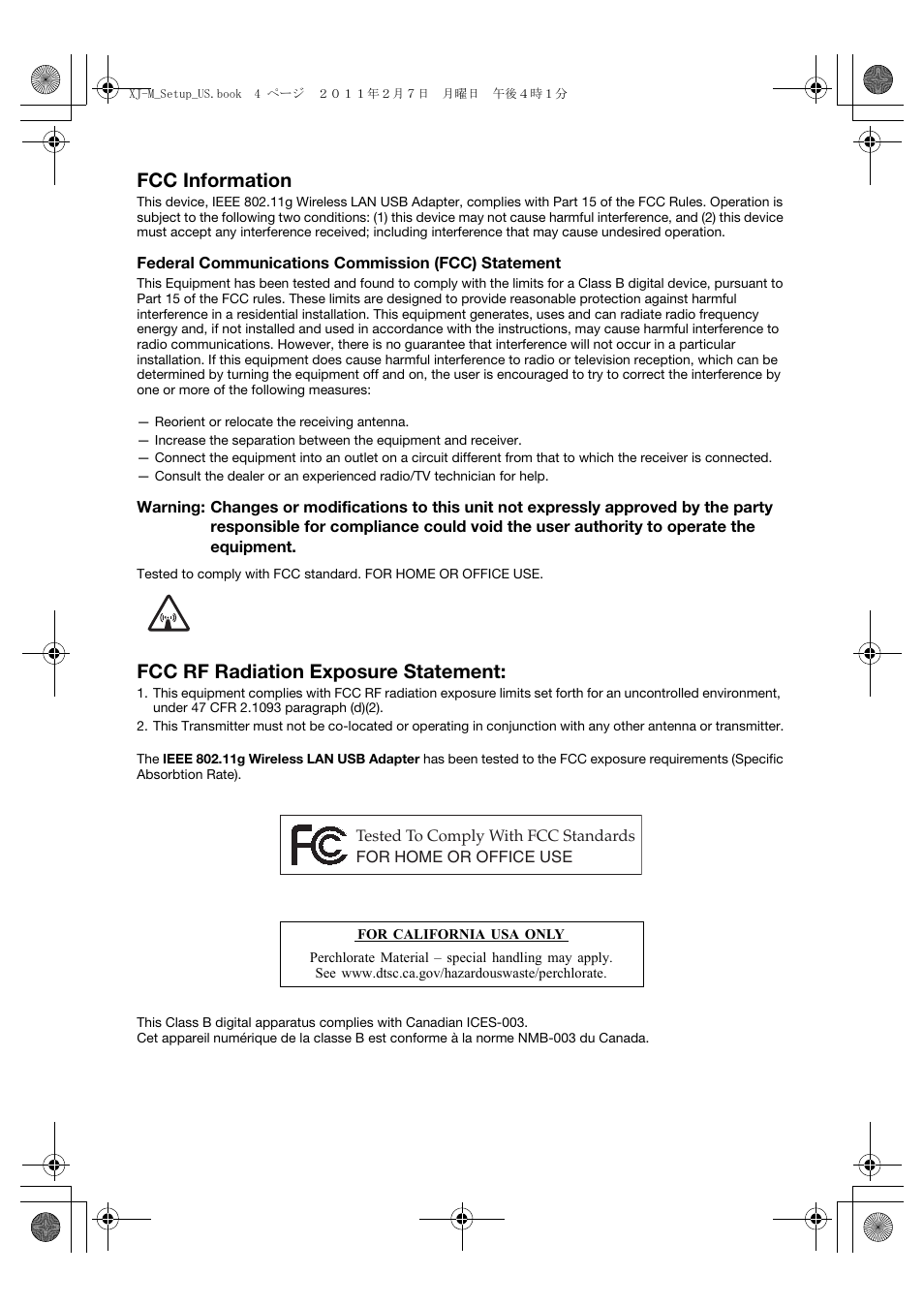 Fcc information, Fcc rf radiation exposure statement | Casio XJ-M140 (A9****) Fonctionnement de base User Manual | Page 70 / 72