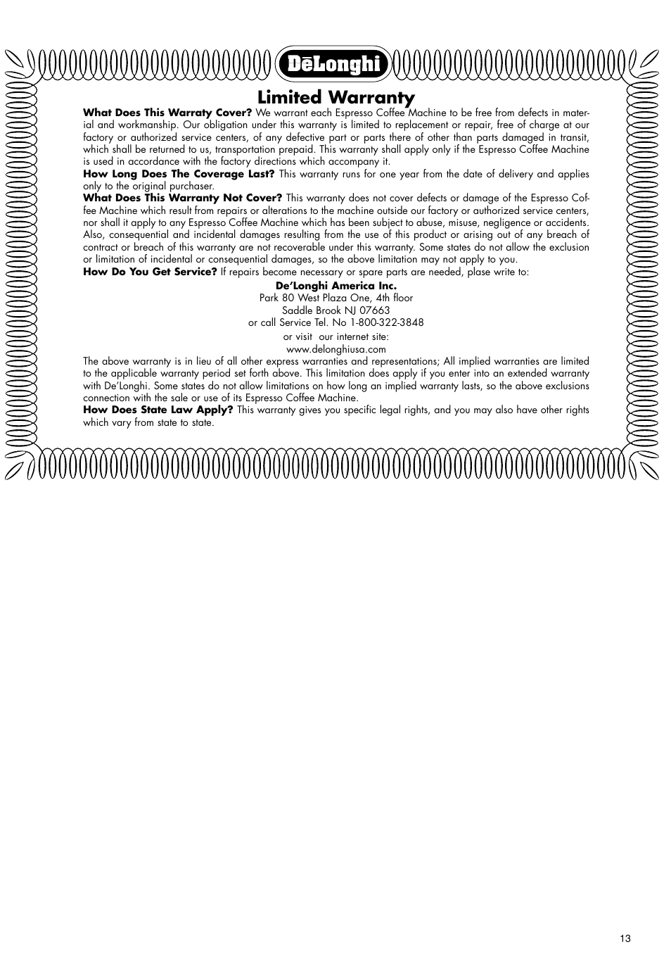 Limited warranty | DeLonghi BCO110 User Manual | Page 13 / 13