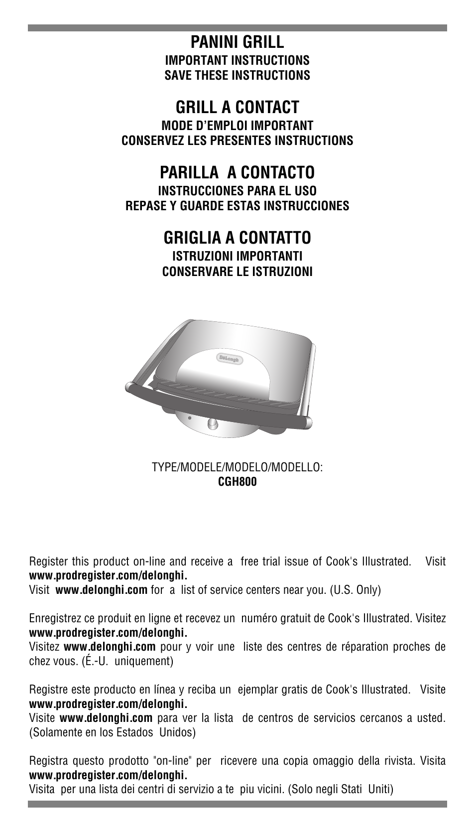 DeLonghi CGH800 User Manual | 10 pages