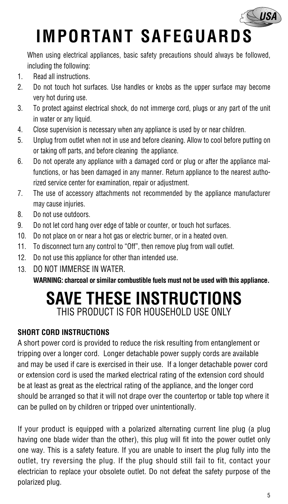 Save these instructions, This product is for household use only | DeLonghi CGH800 User Manual | Page 5 / 10