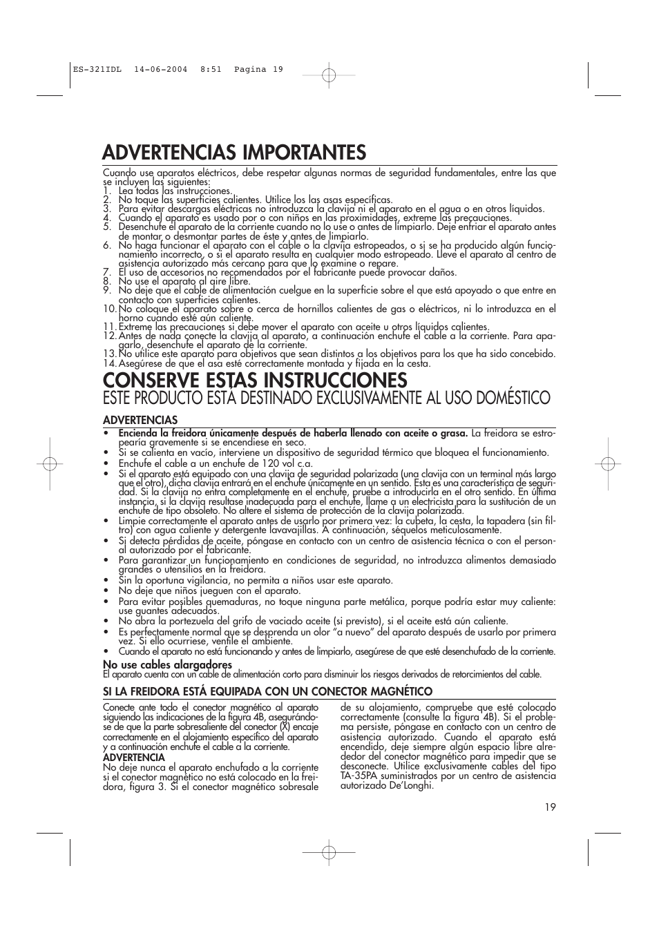 Conserve estas instrucciones, Advertencias importantes | DeLonghi D14427DZ User Manual | Page 19 / 34