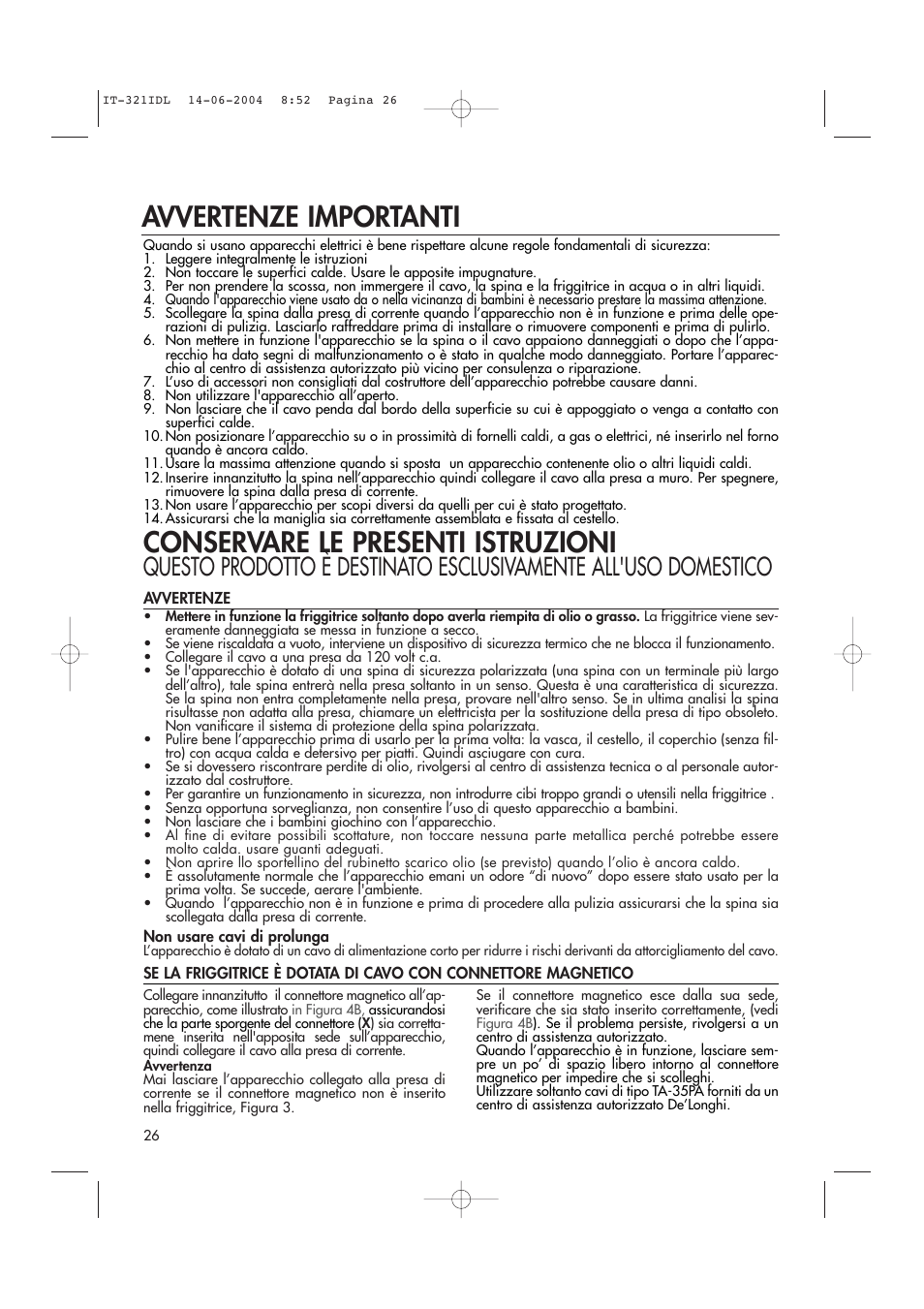 Conservare le presenti istruzioni, Avvertenze importanti | DeLonghi D14427DZ User Manual | Page 26 / 34